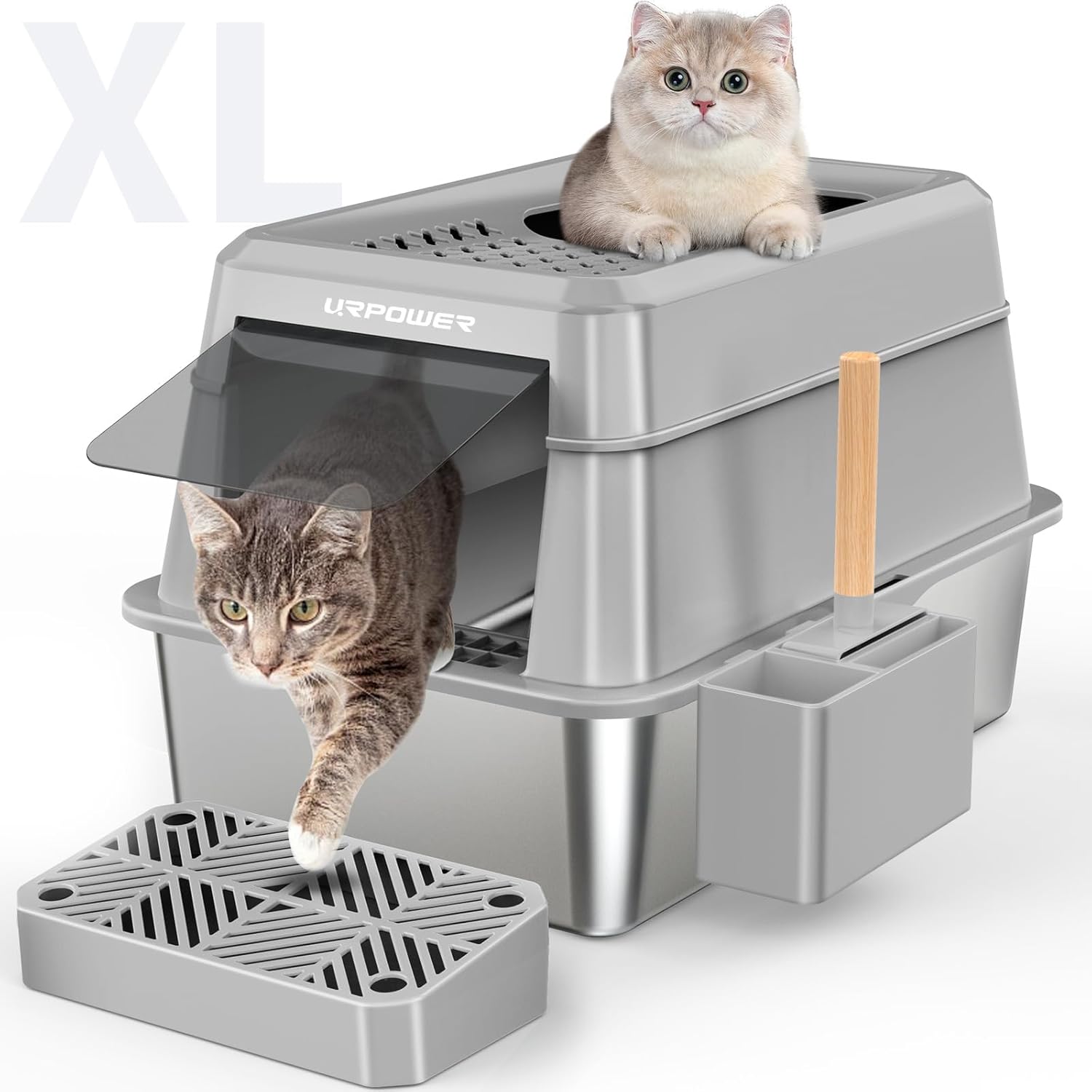 URPOWER Stainless Steel Cat Litter Box with Lid Extra Large Enclosed Litter Box for Cats Non-Sticky Metal Pan with High Sided Enclosure & Scoop, Front & Top Entry, Anti-Leakage, Easy Cleaning Gray