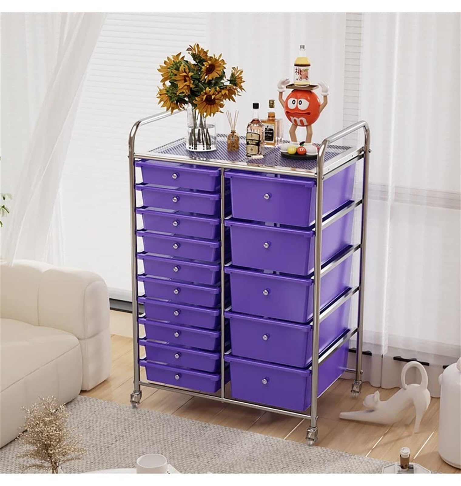 Carrito de Almacenamiento con Ruedas y 15 cajones, Carrito de Oficina o de Manualidades con Ruedas, Unidad organizadora de estanterías for peluquería en casa(Purple)