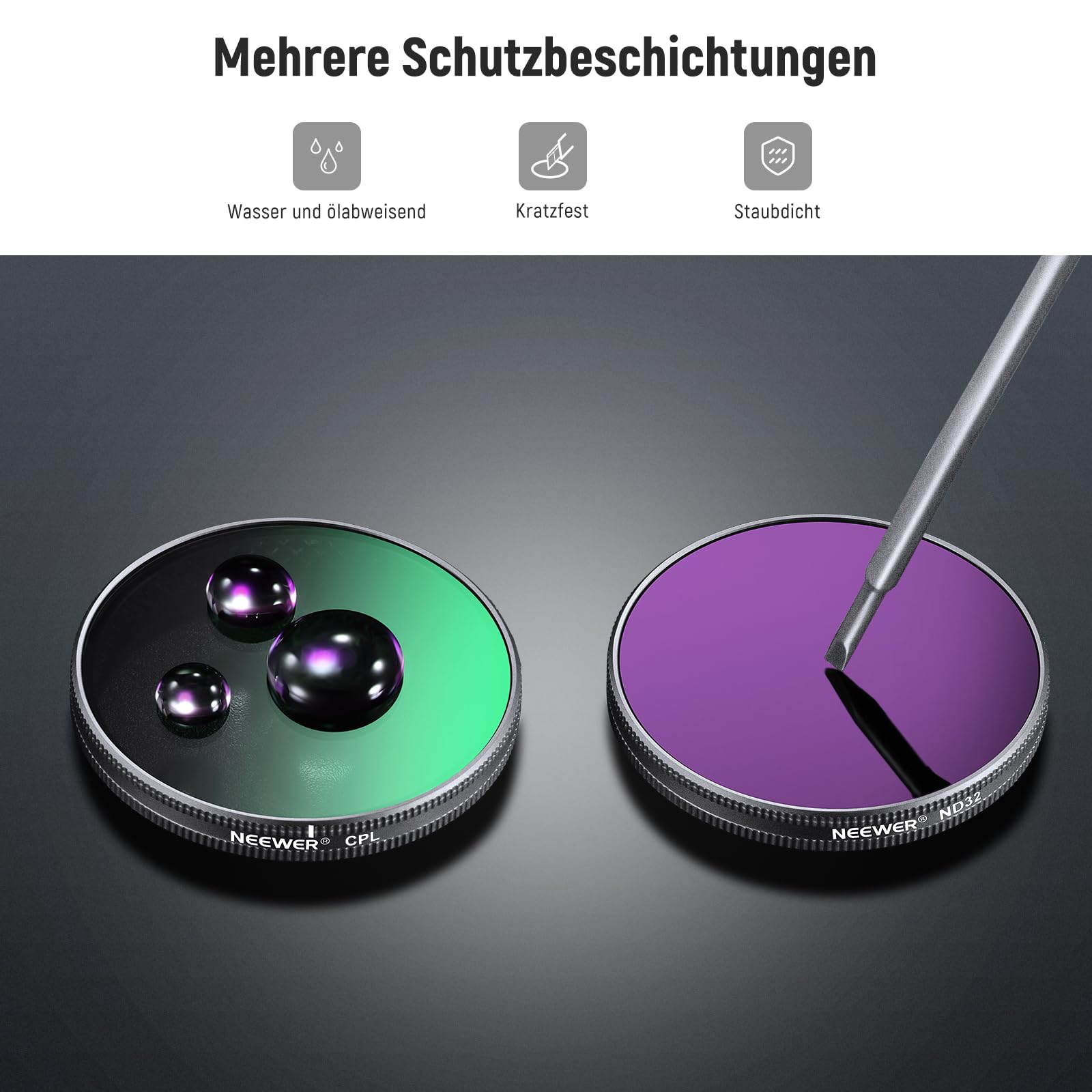NEEWER ND Filter Set kompatibel mit DJI Osmo Action 5 Pro/4/3, 4er Pack mehrfach beschichtetes optisches HD Glas Snap On ND8/ND16/ND32/CPL Graufilter Polfilter, Actioncam Zubehör mit 2x Reinigungstuch
