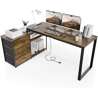 TRIUMPHKEY Desk l Shape with 3 Drawers and Storage Space 140 x 105 x 75 cm Reversible Corner Desk L-shaped Desk with 2 USB Charging Ports and 2 Sockets Brown