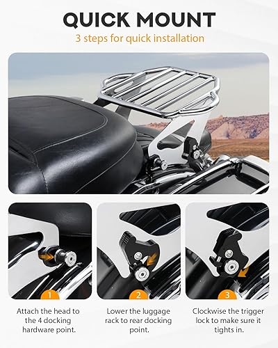 Miniatura 5 de PBYMT Portaequipajes desmontable cromado de dos posiciones compatible con Harley Touring Road King Street Electra Glide 2009 y posterior