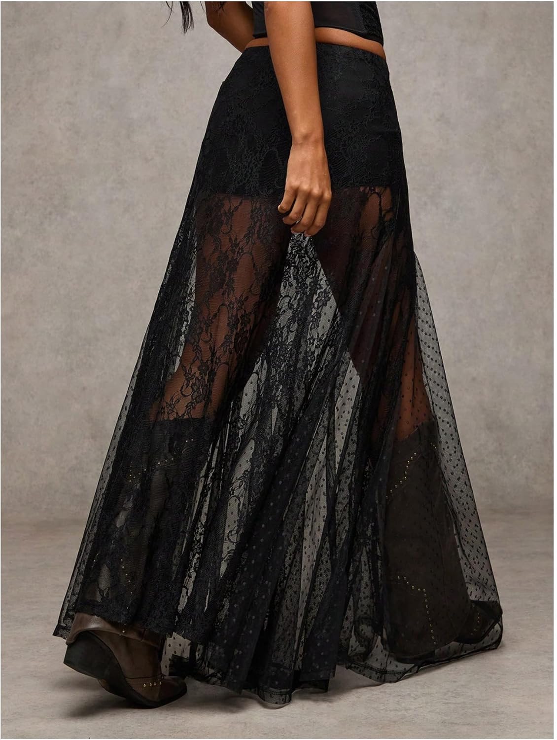 MakeMeChic Women's Lace Sheer Maxi Skirts Floral Polka Dots Ruffle Concert Boho Goth Long Skirts