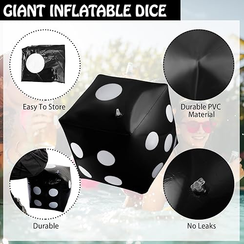 Miniatura 2 de Paquete de 3 dados inflables gigantes gigantes, dados inflables grandes para juegos en la piscina, juguetes para fiestas (negro, 20 pulgadas)