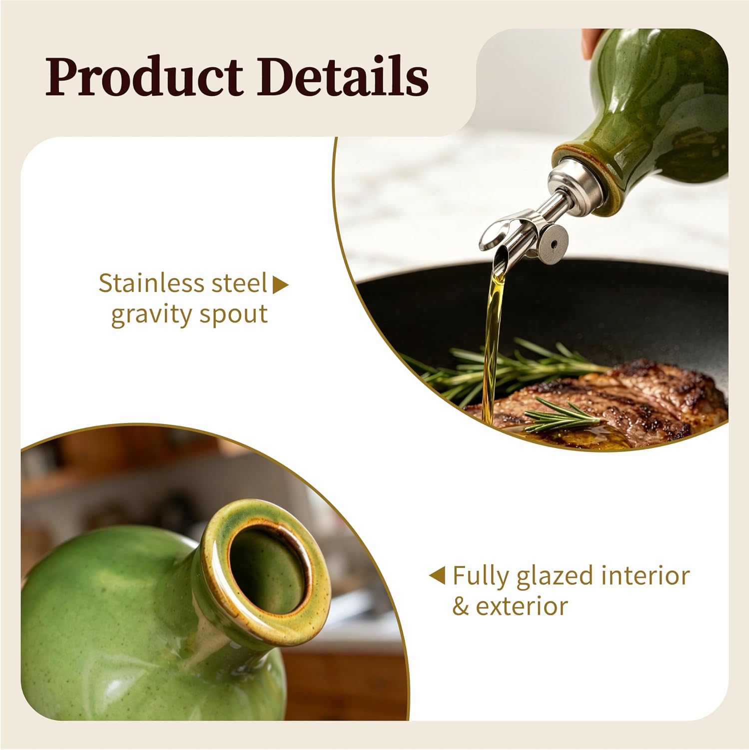 24 oz Ceramic Olive Oil Dispenser Bottle with Stainless Steel Gravity Spout Farmhouse Kitchen Oil Cruet (Green, 1 Pack)