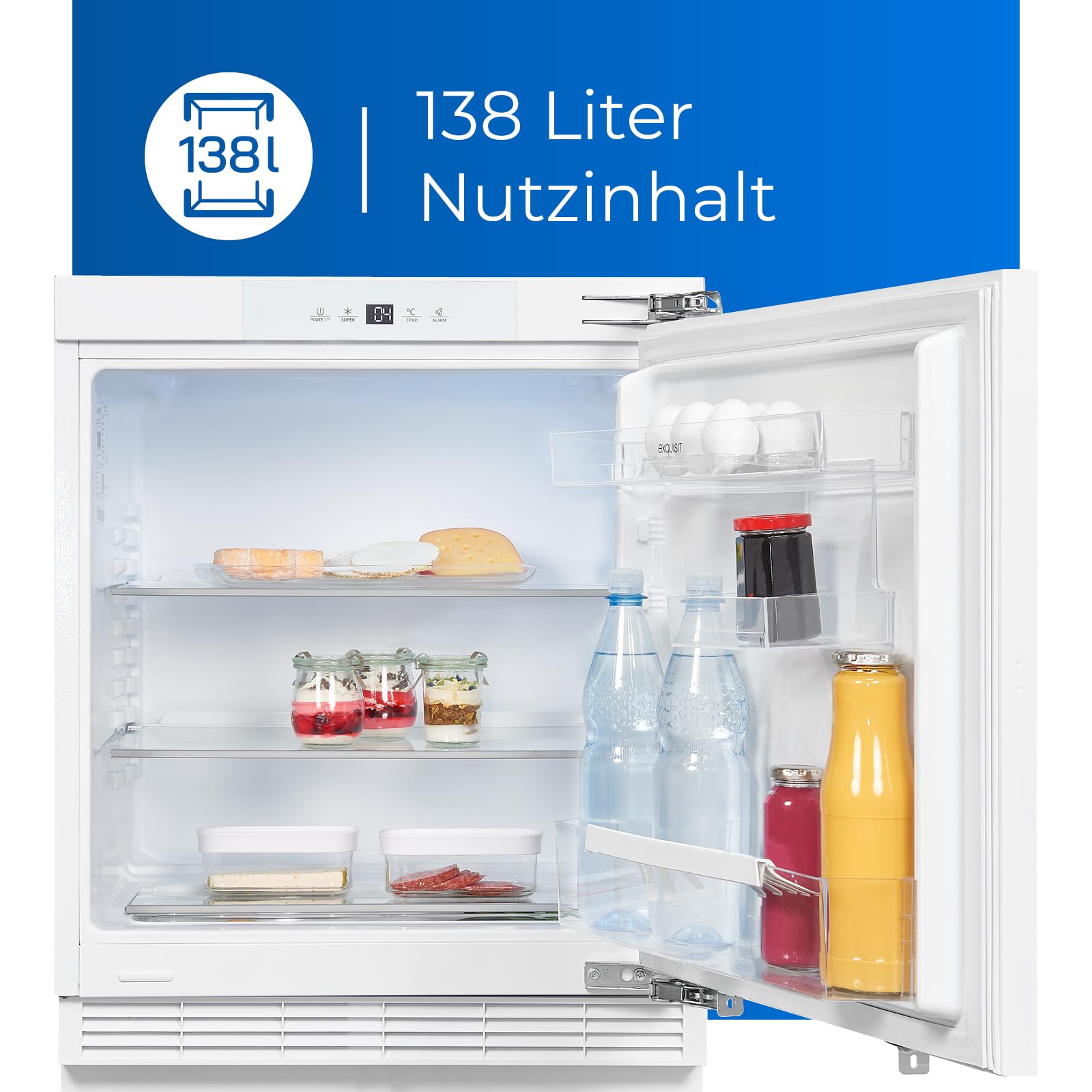 Exquisit UKS140-V-FE-010D Unterbau Kühlschrank, 138 l, Festtürmontage | Einbaukühlschrank mit digitaler LED-Anzeige, akustischem Türalarm, wechselbarem Türanschlag und hellem Innenlicht