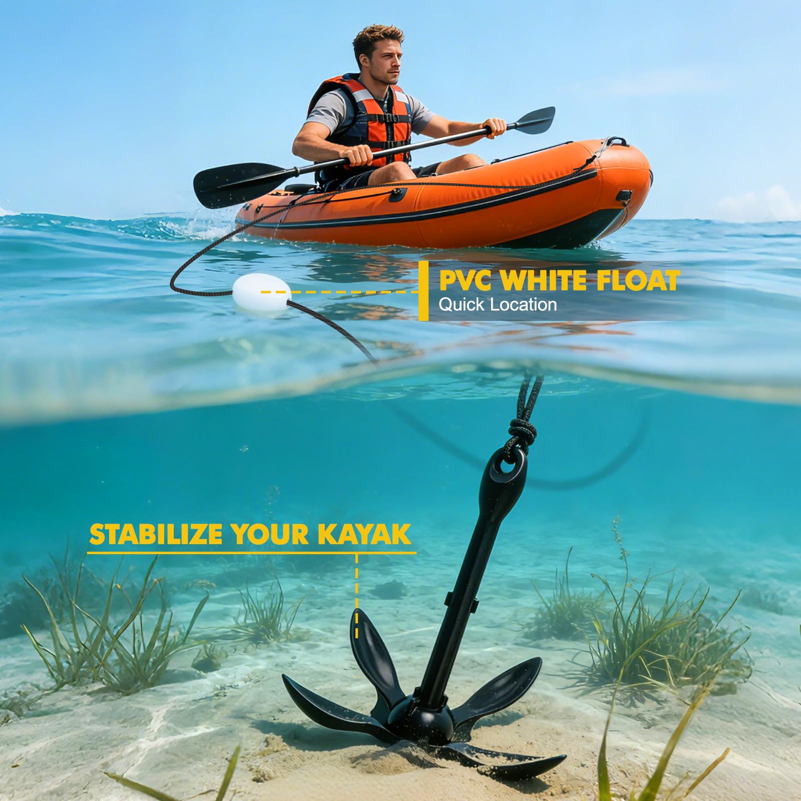 Ancoraggio pieghevole per barche, 1,59 kg, set di ancoraggi pieghevoli con corda di ancoraggio da 12 m, per gonfiabile, barca, SUP, paddle