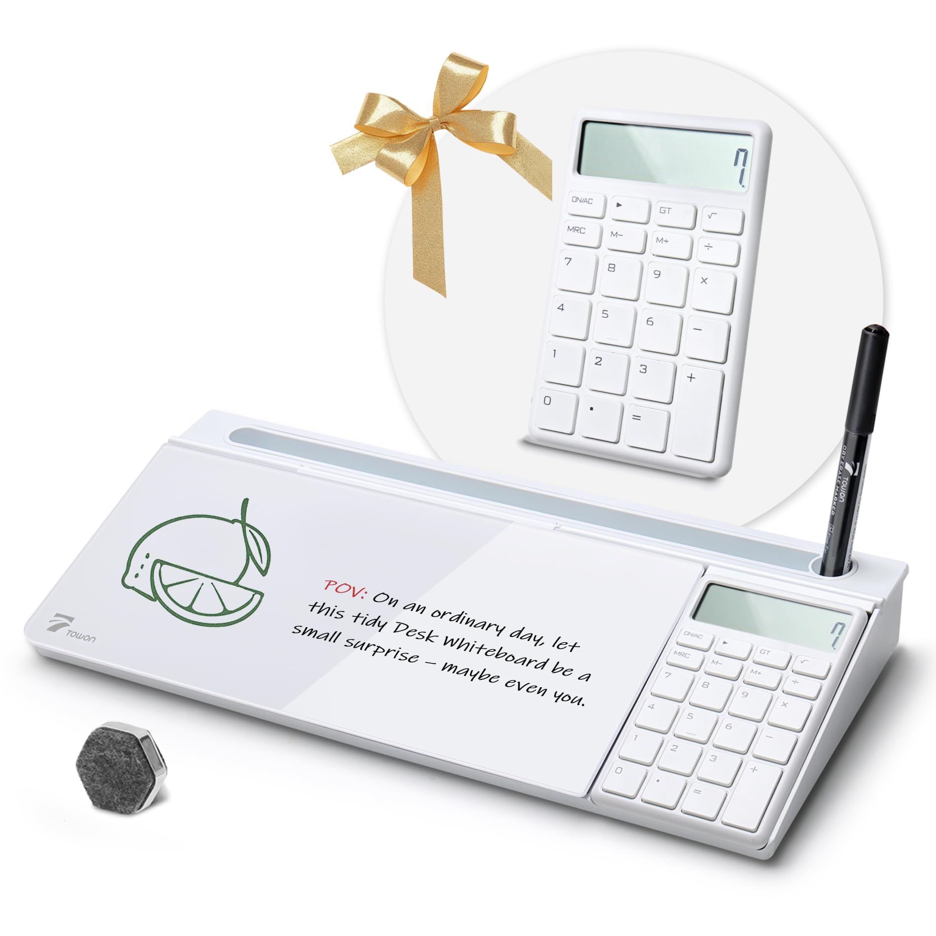 TOWON Desktop Glass Whiteboard with Basic Calculator, 12 Digit LCD Display, Desk Organizers with Accessories for Office, Home, School Supplies, Storage with Dry Erase Board Surface, White, 18'' x 6''