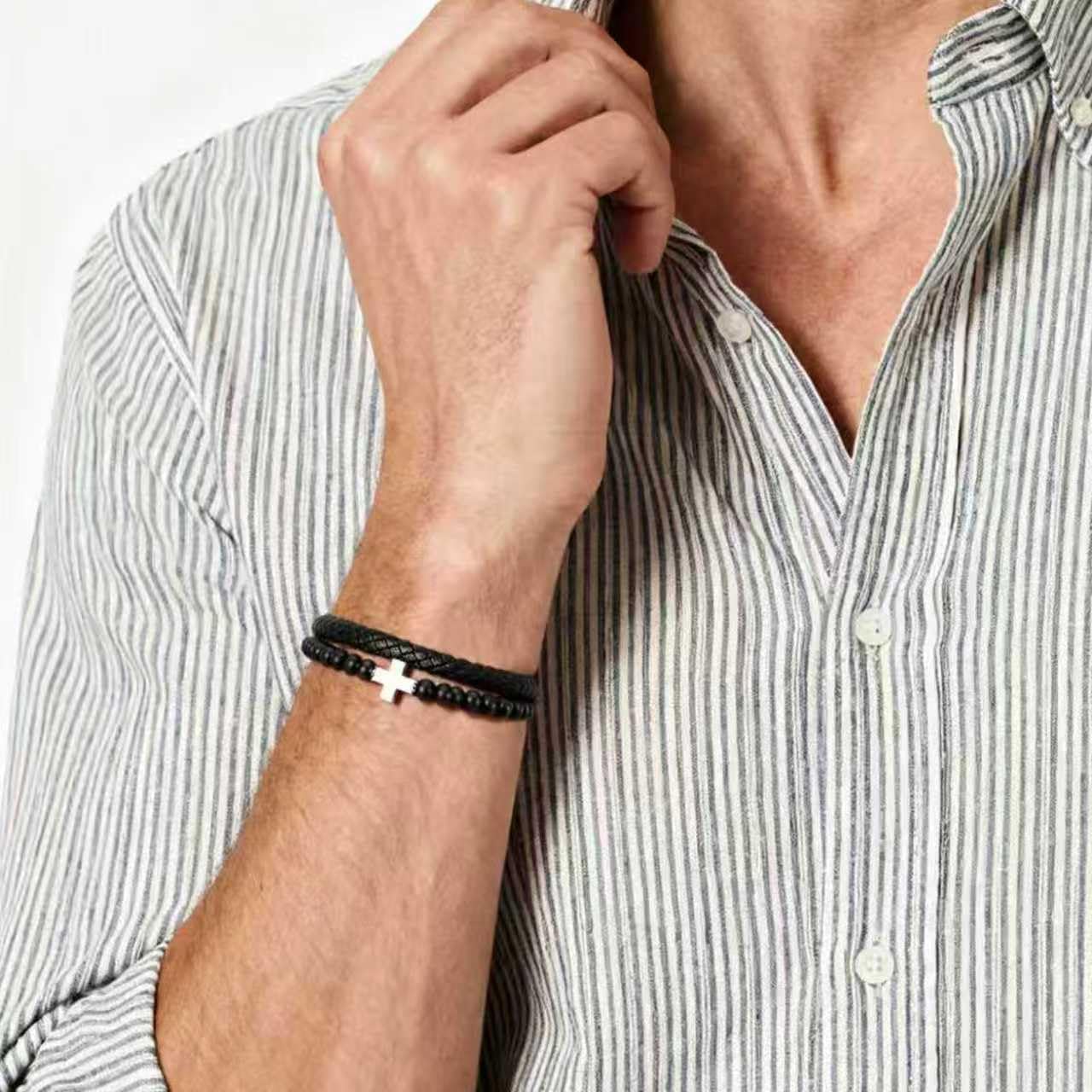 Mens Bracelet Cross, Black Braided Leather with Stainless Steel Cross & Onyx Bead Cuff Bracelet,7.5-9.5 Inch Fit for Dad, Brother, Son - Bible Verse Christian Religious Gift for Men - Image 8