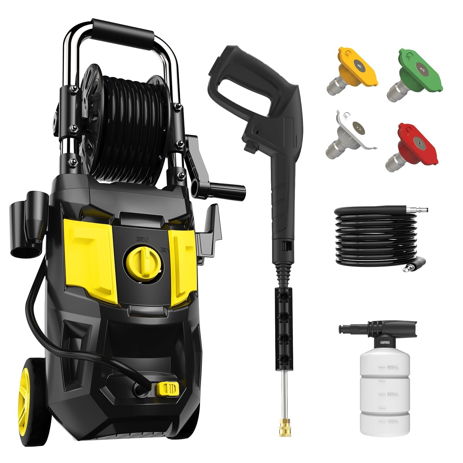 Photo 1 of Electric Pressure Washer- 4200 PSI 2.8 GPM Electric Power Washer with Winding 35FT Power Cord, 20FT Hose, 4 Different Nozzles, Soap Cannon for Car, Garden, Yard, House, Yellow 4200PSI with Hose Reel YE