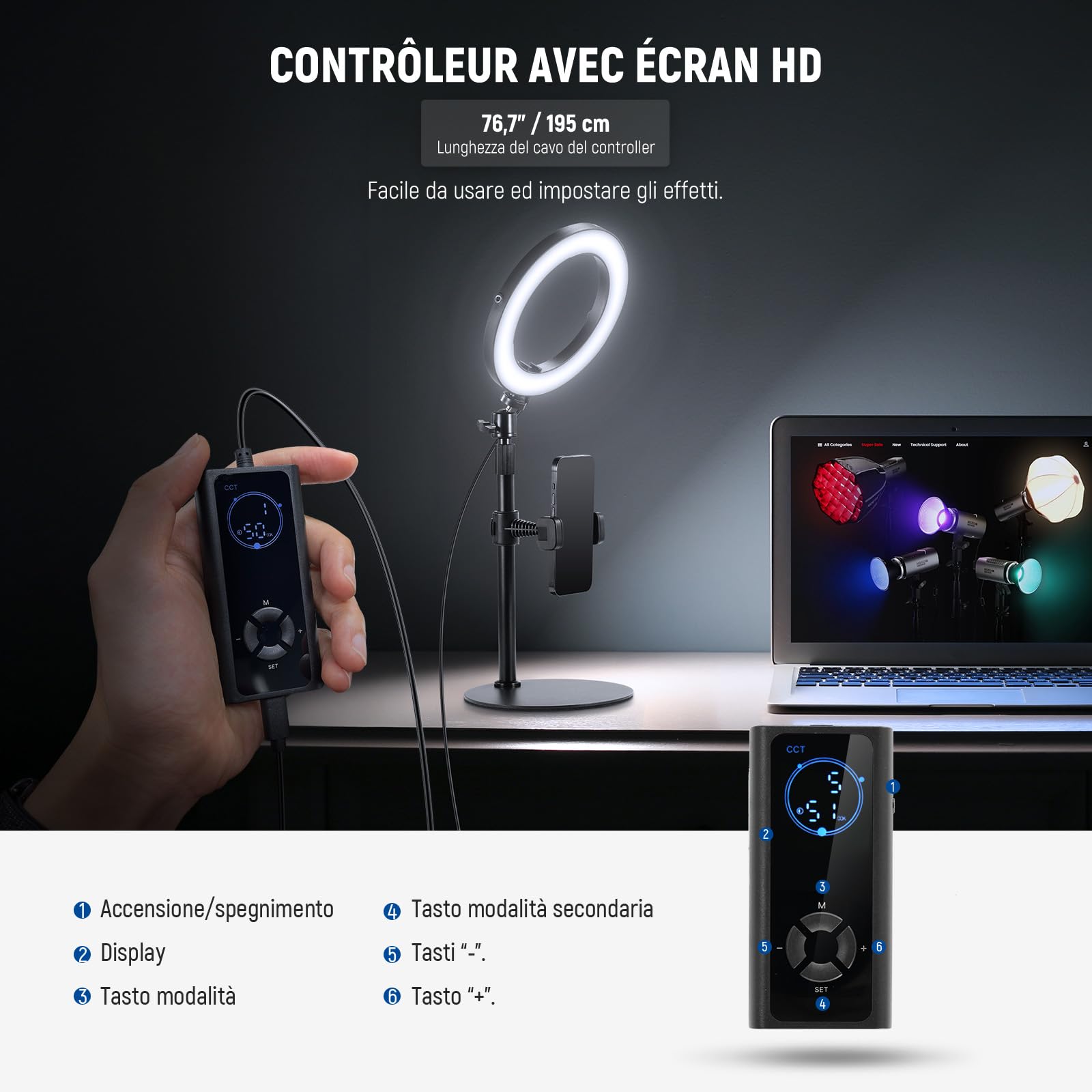 NEEWER 8" 18W Ring Light da Tavolo per Telefono, Ring Light per Selfie a Cerchio per iPhone Streaming Vlogging Recording, Kit Illuminazione per Videoconferenza per Computer Portatile Zoom Call, RH8B