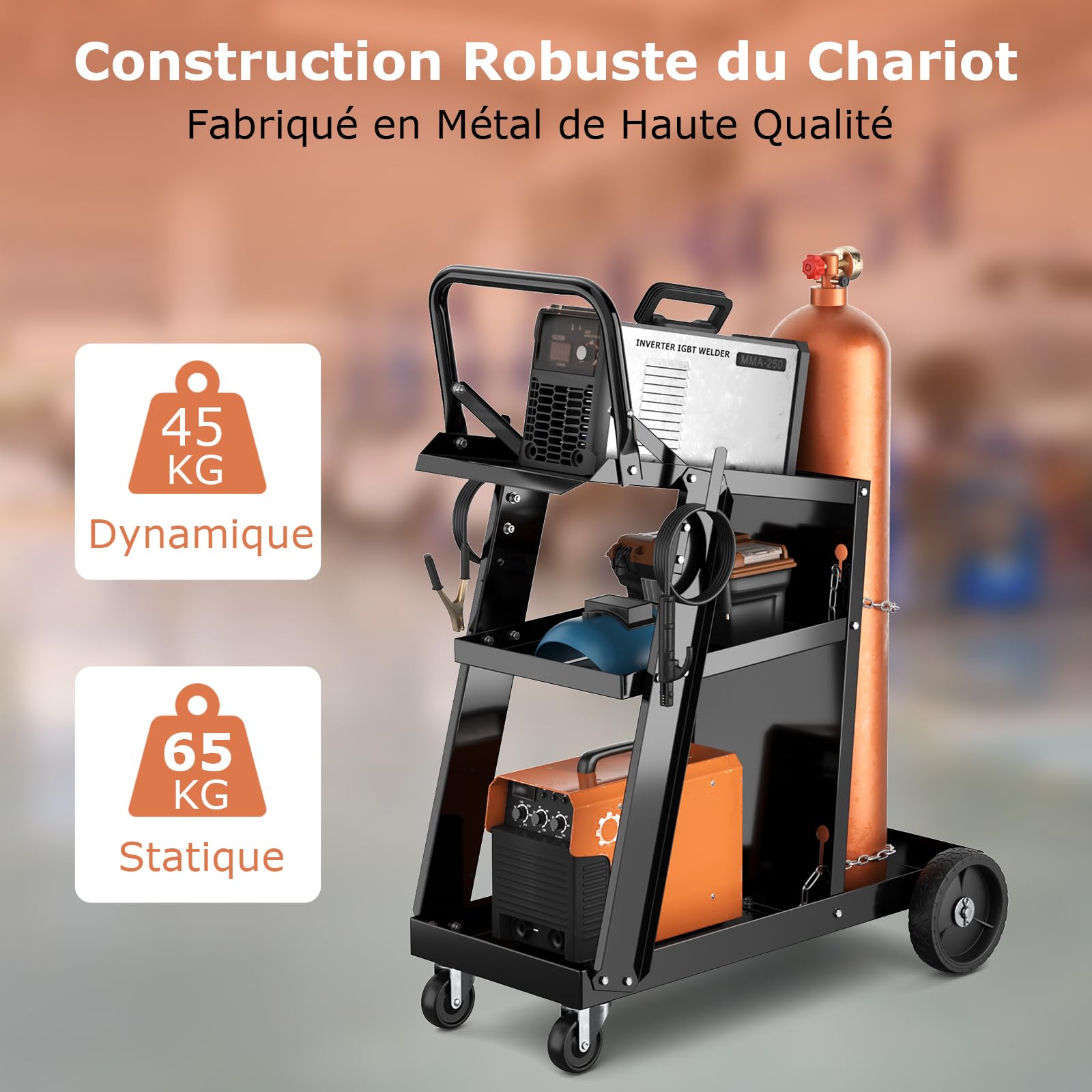 GOPLUS Servante d’Atelier à 3 Niveaux avec 2 Chaîne de Sécurité, Roue Pivotante 360°, Chariot de Soudage Robuste avec 2 Crochets Latéraux, Charge de 50 kg, pour Machine de Soudure et Découpeur Plasma