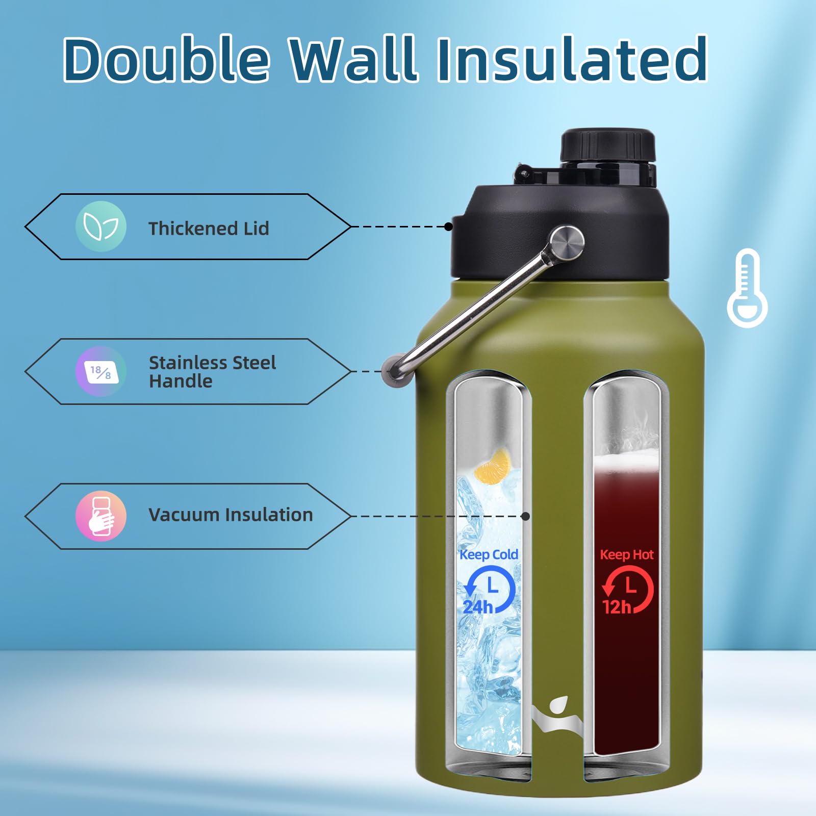 Konokyo 87oz (3L) Water Bottle With 3 Lids - Dark Green, Large Capacity Hydration