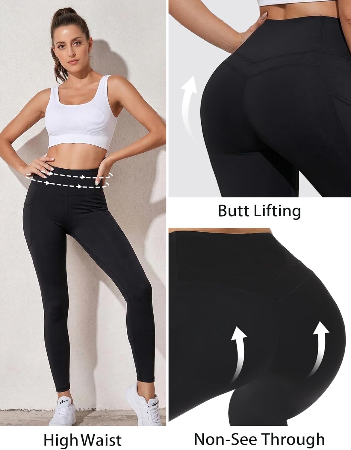 High Waisted Leggings with Pockets Women, Tummy Control Compression Leggings, No Front Seam Stretchy Yoga Pants