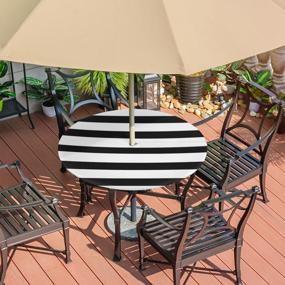 Round Outdoor Fitted Tablecloth with Umbrella Hole, Black and White Stripe Elastic Table Cloth Waterproof Table Cover with Zipper for Patio Picnic, 45"-56"