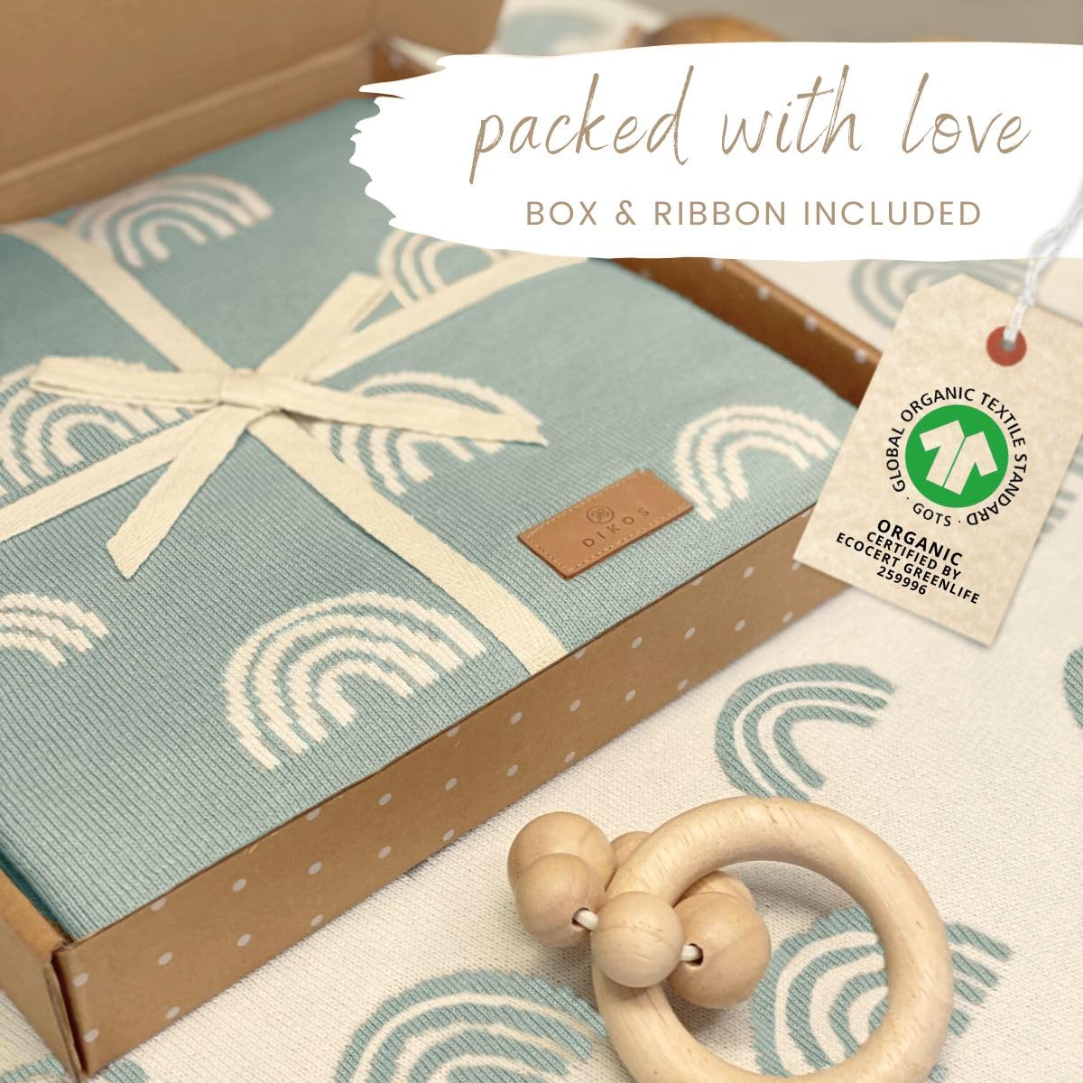 DIKOS GOTS Baby Blanket 100% Organic Cotton Rainbow Mint Newborn Blanket Winter Girl Boy Cuddly Blanket Knitted Blanket Cotton Blanket Pram Baby First Equipment Gift for Birth - Image 2