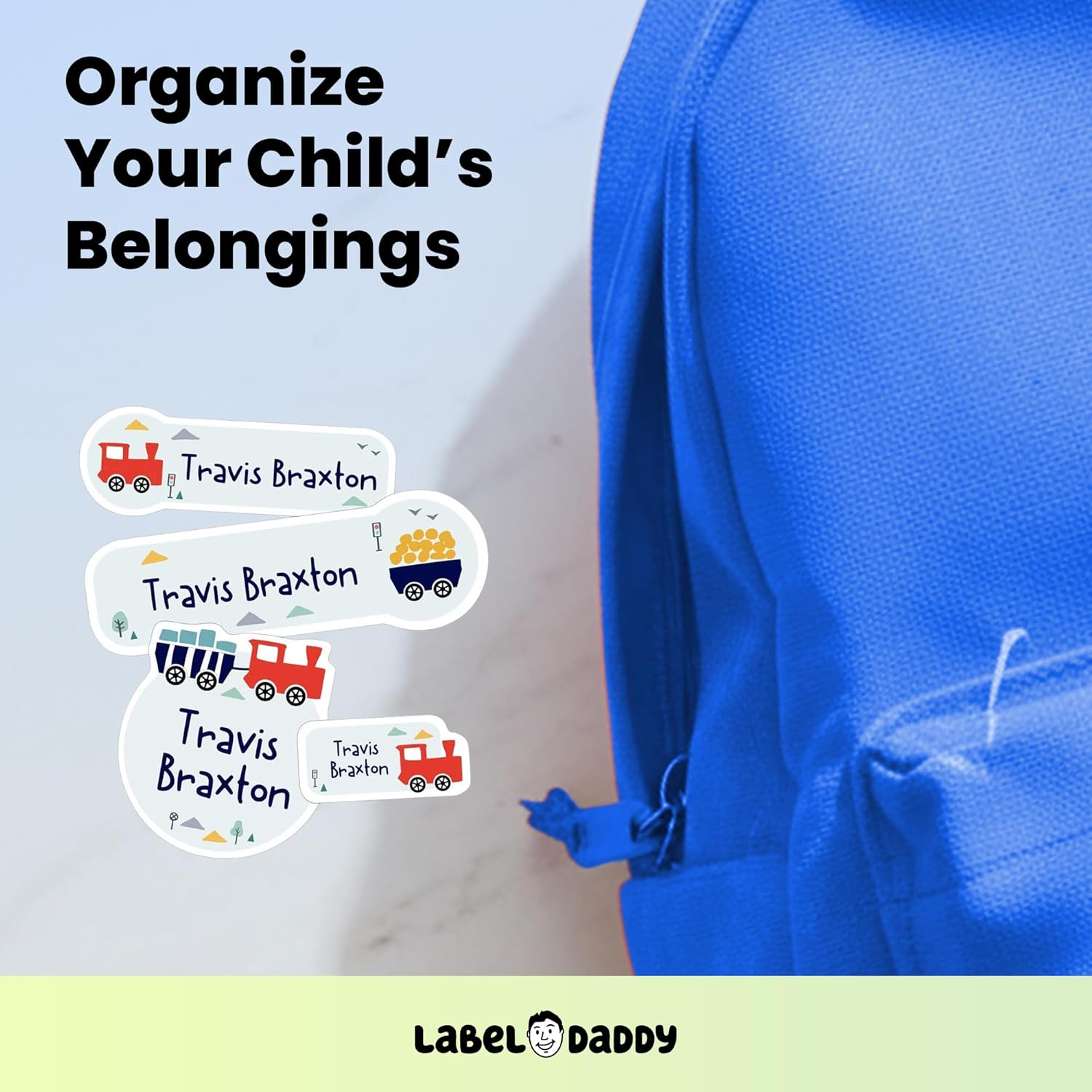 Custom Name Labels for Boys – Waterproof No-Iron Personalized Stickers for Daycare, School & Camp – Washable Multi-Size Labels for Bottles, Backpacks, Shoes & More – 90 or 180 Ct | Train Design