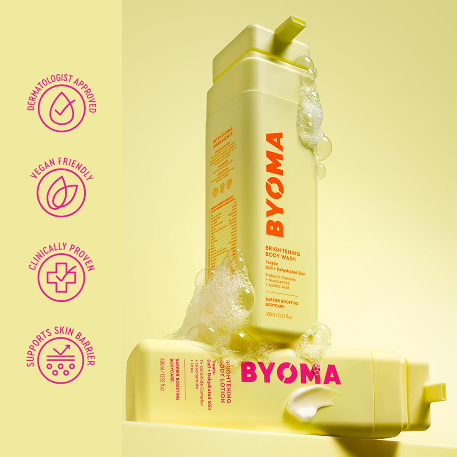 BYOMA Brightening Body Wash & Lotion Bundle – For Dull, Dehydrated Skin – Niacinamide & Azelaic Acid to Brighten, Even Tone & Support Skin Barrier – 13.52 fl oz +16.9 fl oz