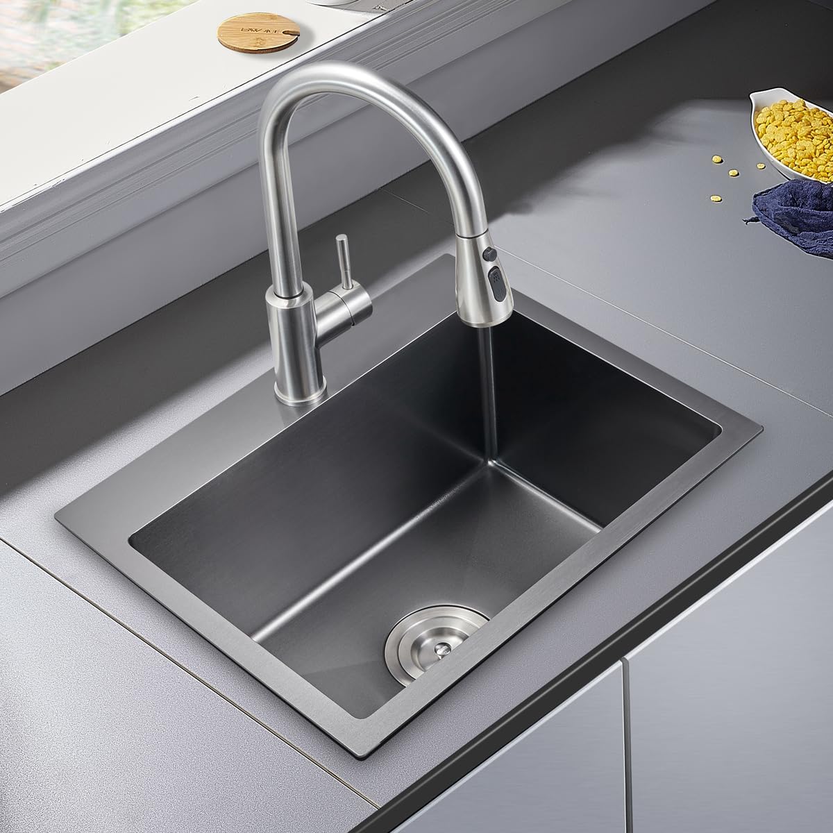 Kitchen Sink Drop in - TSIBOMU 20 x 16 Inch Kitchen Sink Topmount 18 Gauge Stainless Steel Single Bowl Overmount Bar Sink(Black)