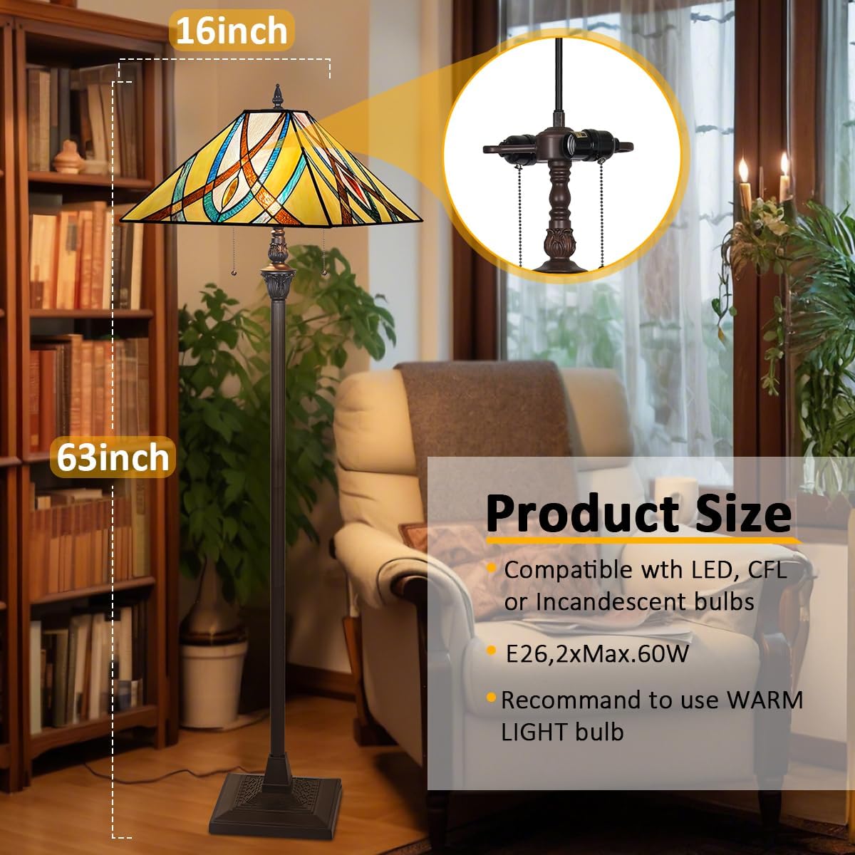 Tiffany Floor Lamp,Antique Style Mission Stained Glass Floor Light for Reading,2-Lights Tall Standing Pole Light for Living Room Bedroom Office