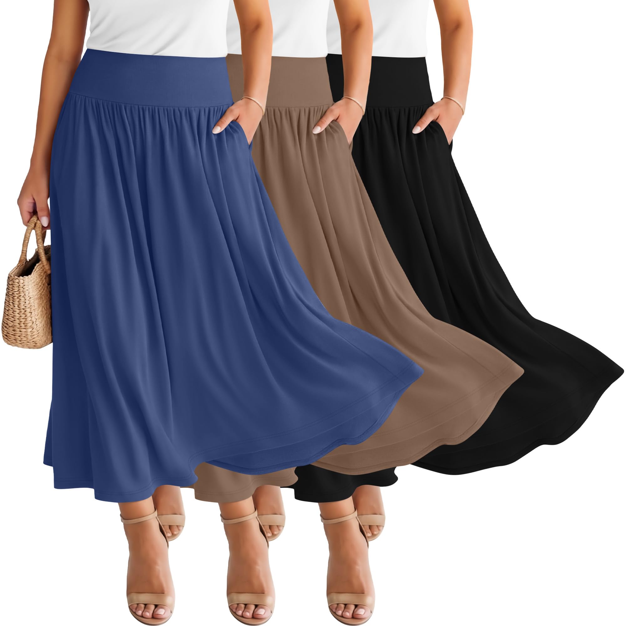 Ficerd 3 Pack Plus Size Maxi Long Skirts for Curvy Women, Ankle Length a Line Pleated High Waisted Summer Skirts with Pocket