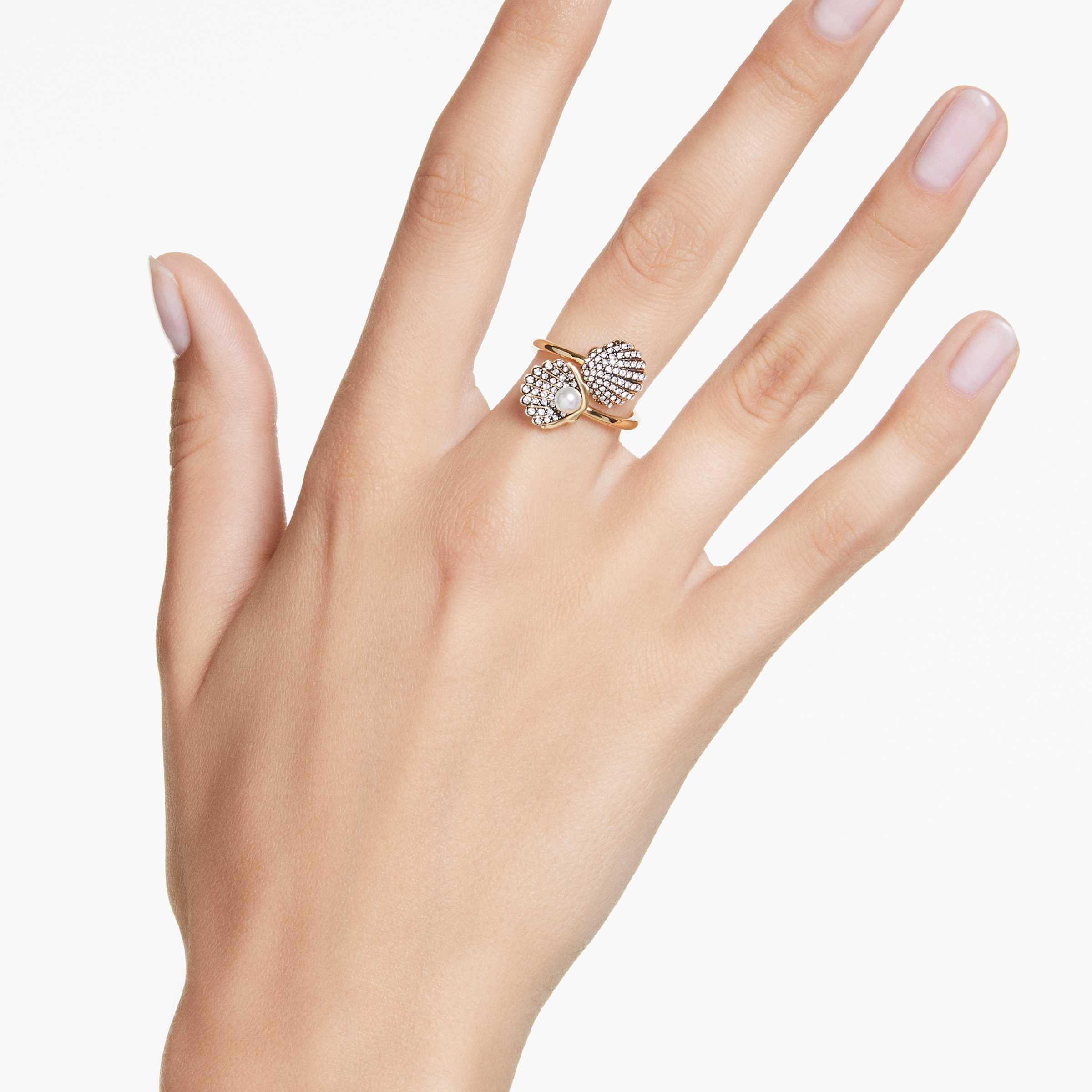 Swarovski Otwarty pierścionek Idyllia, Kryształowa Perła, Muszla, Biały, Powłoka w odcieniu złota