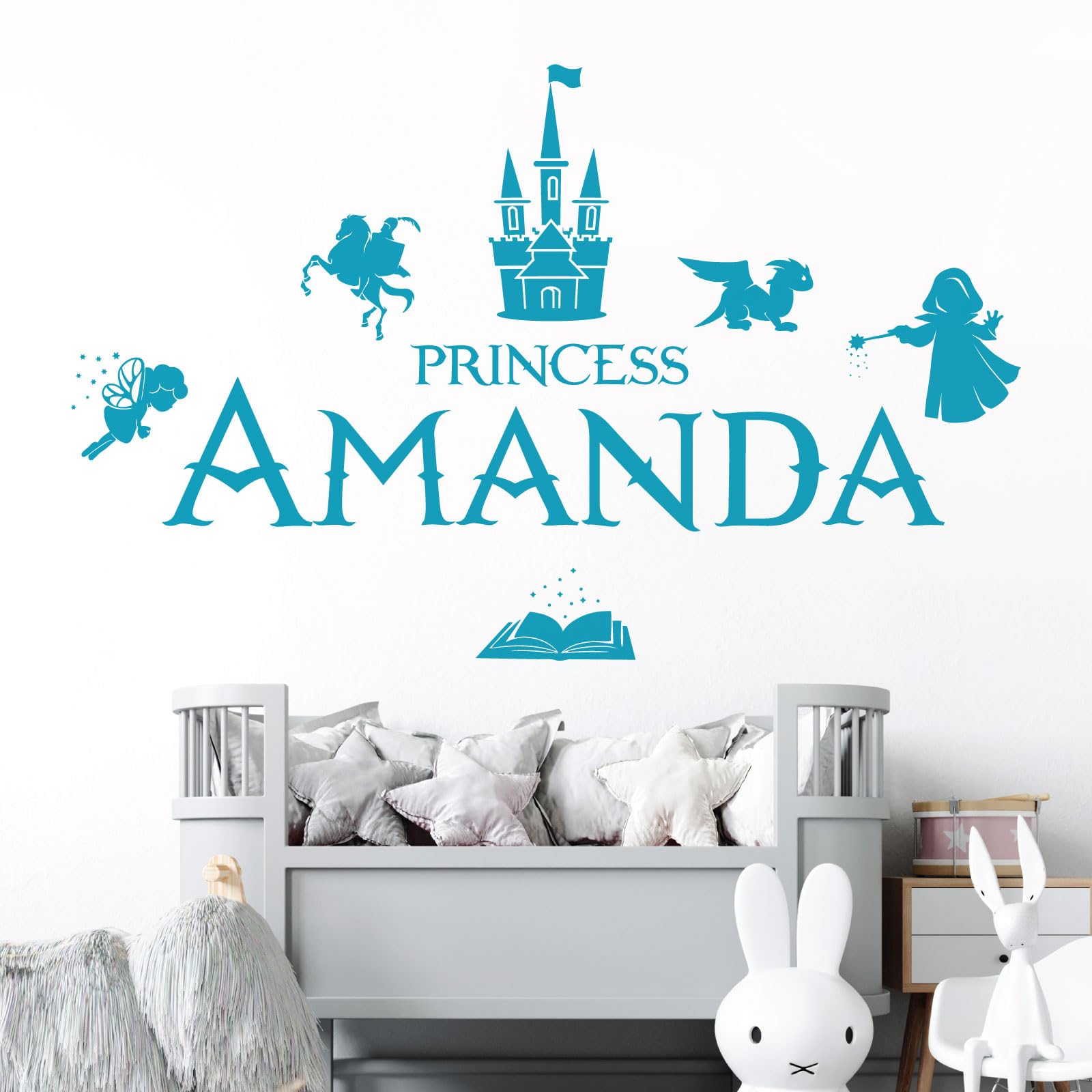 Personalised Name Girls Wall Art Sticker - Princess Castle Dragon Knight Magic Tale Wizard [Large] [Sky]