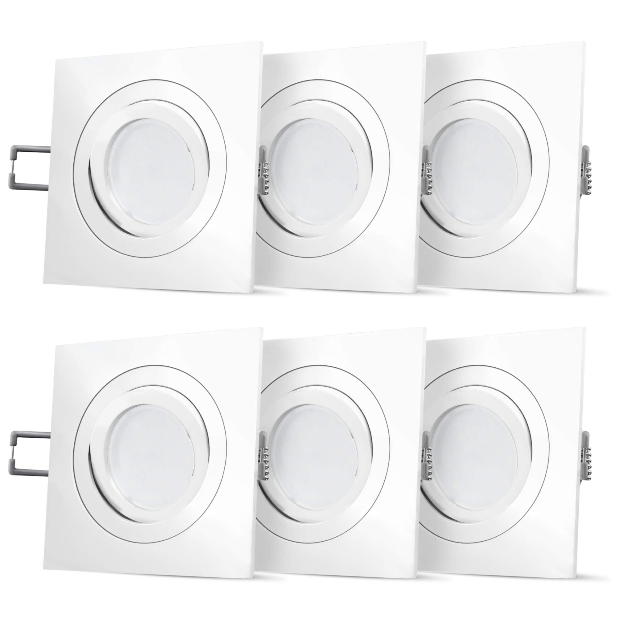 Juego de 6 focos LED empotrables QF-2 en forma cuadrada y orientable, incluye LED Milky GU10, 5 W, 230 V, blanco cálido, foco empotrable mate blanco