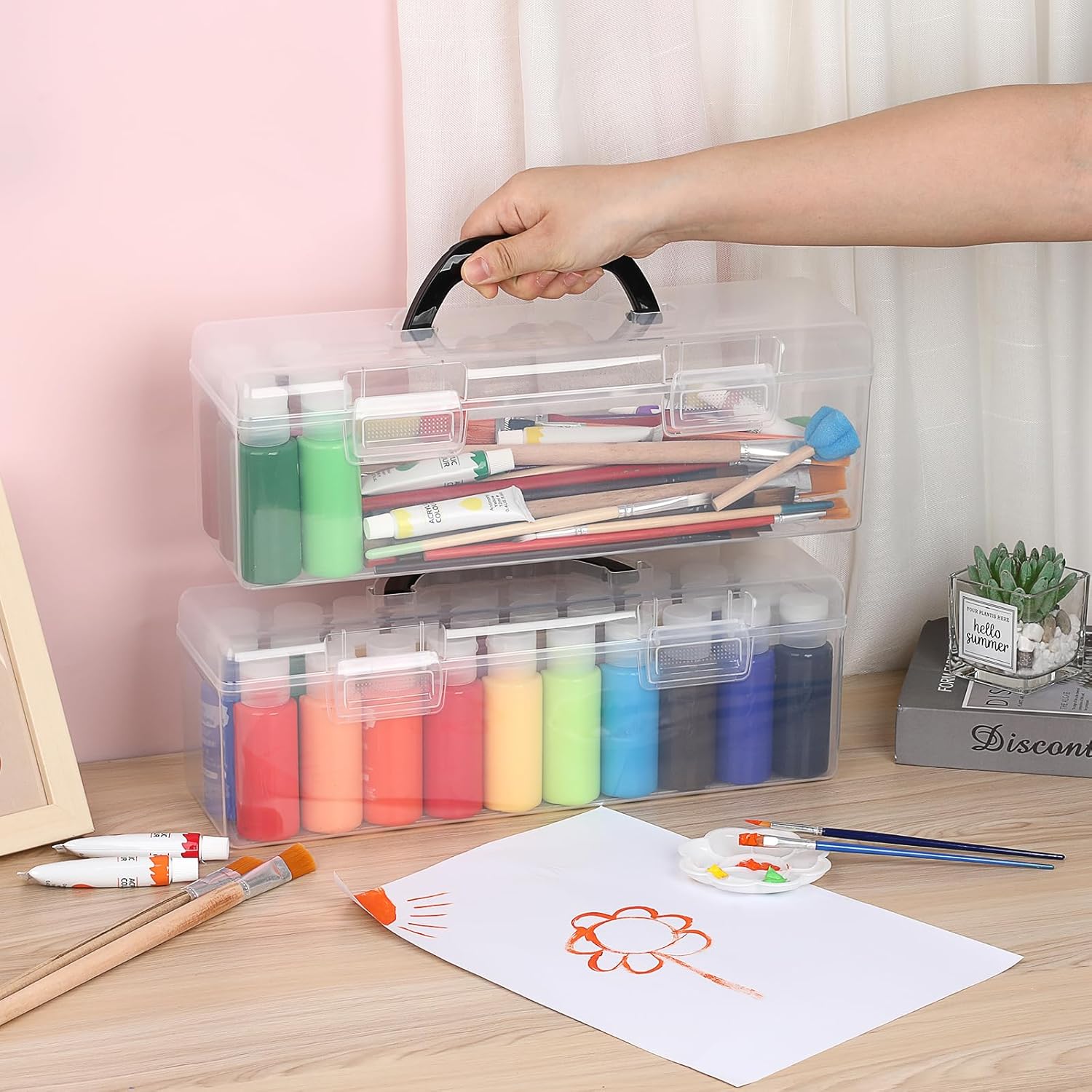2 PCS Clear Acrylic Paint Storage Box with Handle, Portable Craft Paint Storage Organizer, Plastic Craft Art Supply Box, 30 Bottle Capacity Clear Organizer for 2 fl. oz Apple Barrel Paints