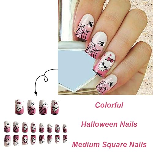 Miniatura 9 de Uñas postizas a presión de Halloween, cuadradas medianas, uñas postizas de RIICFDD mate nude con bonitos ojos, arañas y telarañas, diseño de