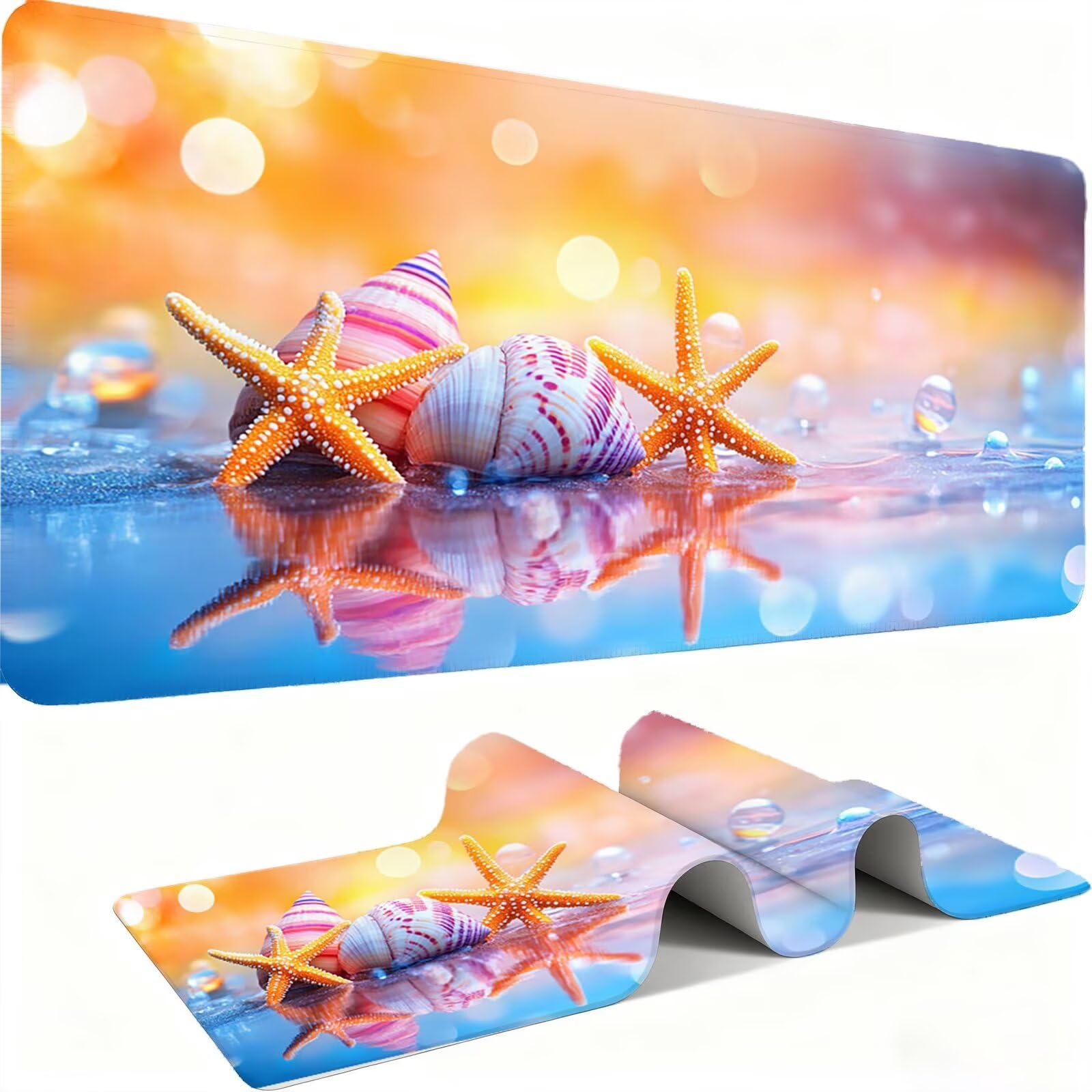 Podkładka pod mysz plaża piasek/rozgwiazda morska XXL 1500 x 800 mm duża podkładka pod mysz szyte krawędzie wodoodporna antypoślizgowa duże rozszerzone akcesoria biurowe do PC, poprawia dokładność i