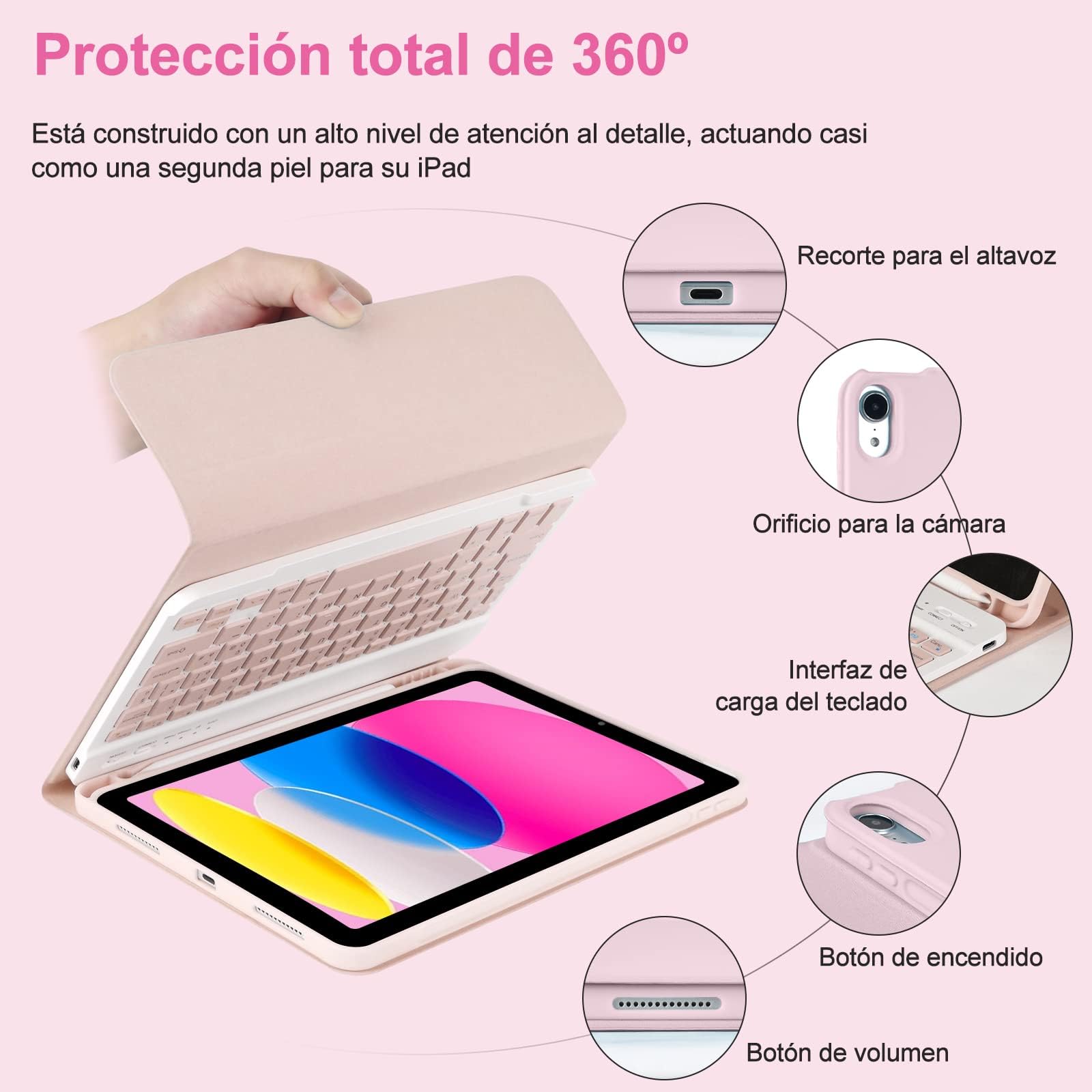 CC Store Teclado para iPad 10 Generación 2022/11 Generación A16 2025 (10.9/11 Pulgada), QWERTY Español Ñ, Bluetooth Magnéticamente ​con Soporte para lápiz​ Funda Teclado para iPad 10/11 Gen, Rosa