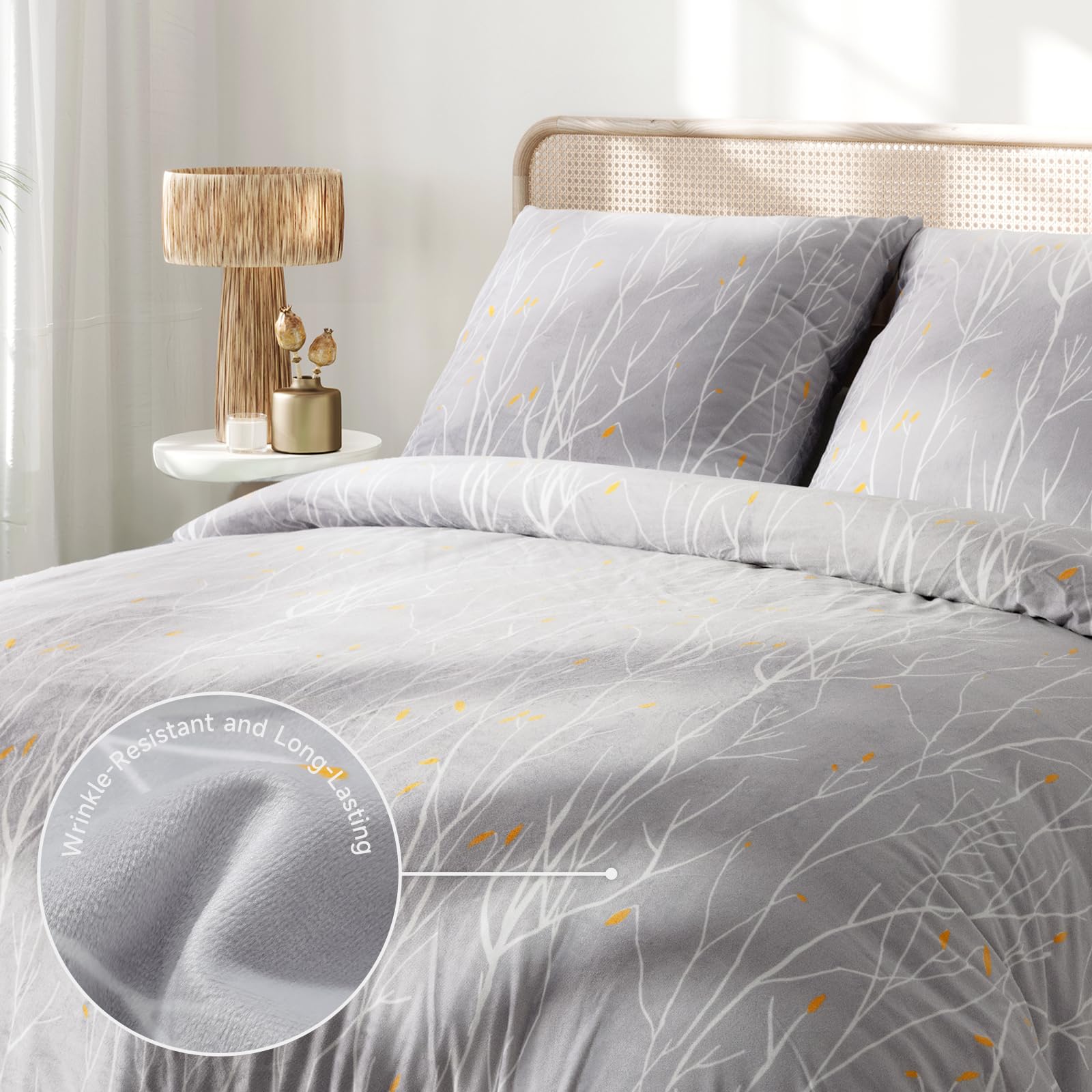 PanxHome Set Copripiumino in Velluto Cristallo 155x220 cm, Design Rami Grigi, Caldo e Morbido, Senza Pieghe, Lavabile in Lavatrice, Set Invernale per Letti Singoli e Doppi (1 Copripiumino, 2 Federe)