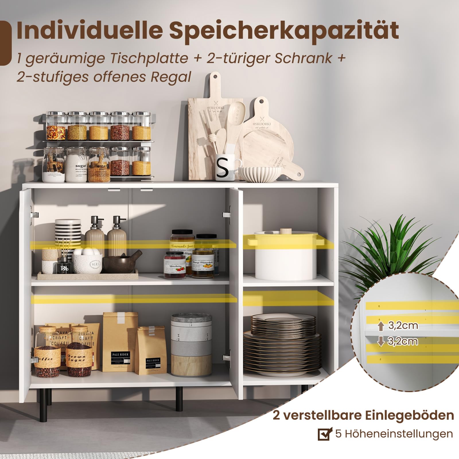 Credenza moderna bianca a 2 ante, ripiani regolabili, elegante armadio da cucina per soggiorno e sala da pranzo, 106 x 38 x 80 cm, mobili contemporanei