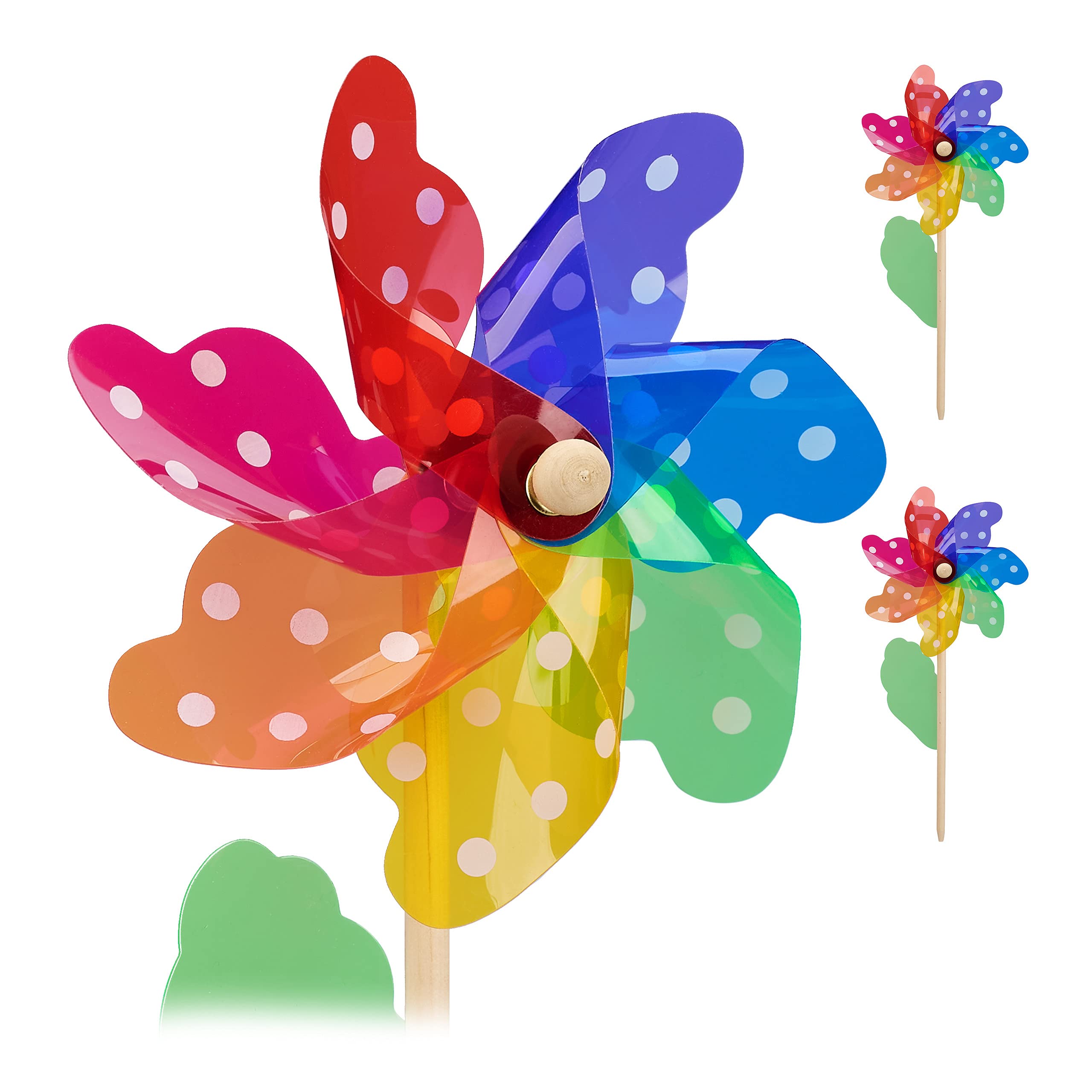 4x windmills, decorative pinwheels with dots, colourful wind spinners, wood/PP, multicoloured
