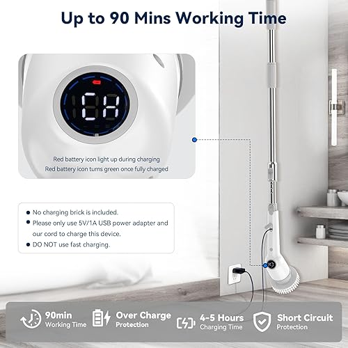 Miniatura 4 de MAXTOP Cepillo giratorio eléctrico, limpiador inalámbrico para bañera y azulejos con mango largo, 8 cabezales de cepillo reemplazables, 3