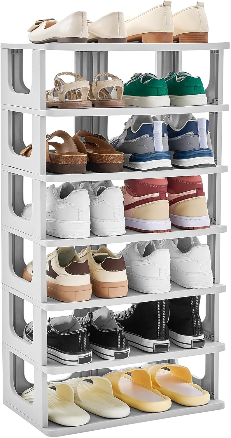 TRZZ 7-Tier Small Shoe Rack, Vertical Narrow Stackable Organizer with Removable Partition, Efficient Shoe Storage for Closet, Entryway, and Small Spaces (Grey)
