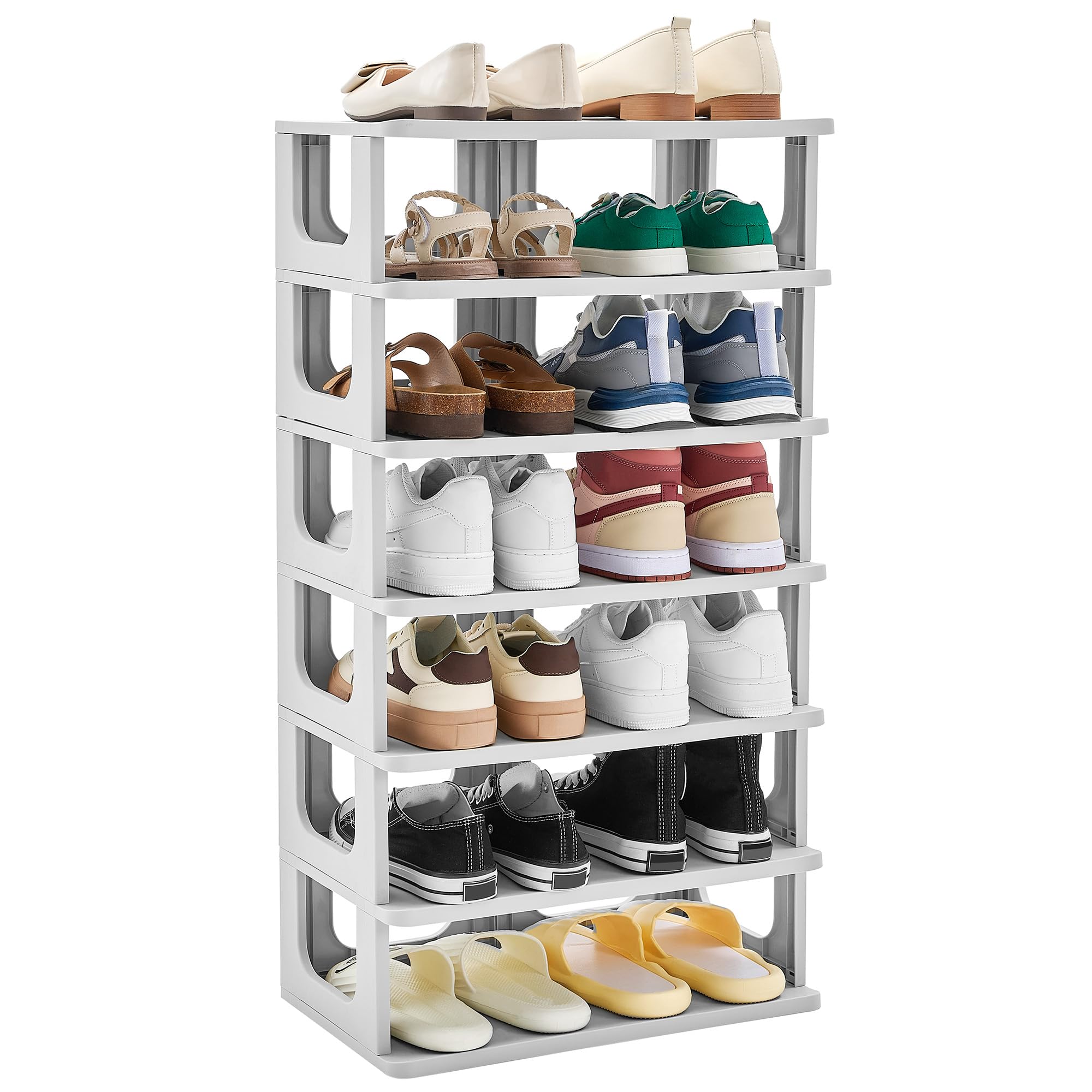 TRZZ 7-Tier Small Shoe Rack, Vertical Narrow Stackable Organizer with Removable Partition, Efficient Shoe Storage for Closet, Entryway, and Small