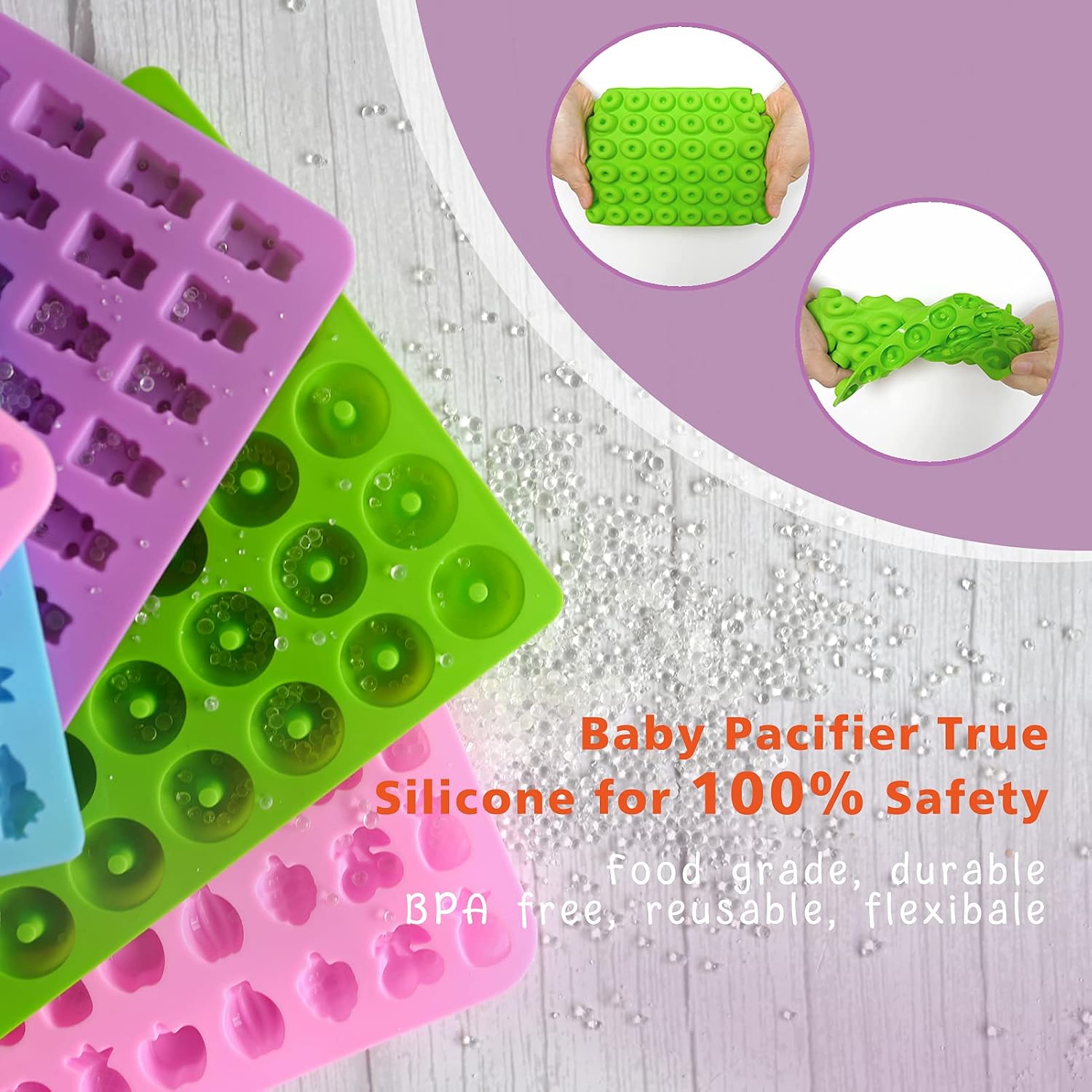 Gummy Bear Molds Silicone 32PCS, Non-stick Chocolate Candy Mold 18 Shapes for 327 Candies, With 4 Droppers, Clean Brush, Storage Box, 20 Wrappers, Including Dinosaur Mini Donut Fruit Animals Shaped image 3