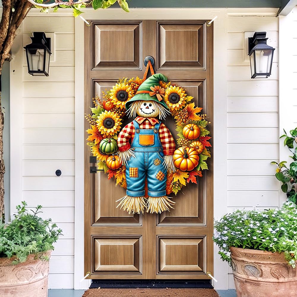 Fall Scarecrow Sunflower Pumpkin Door Cover 35x70in Thanksgiving