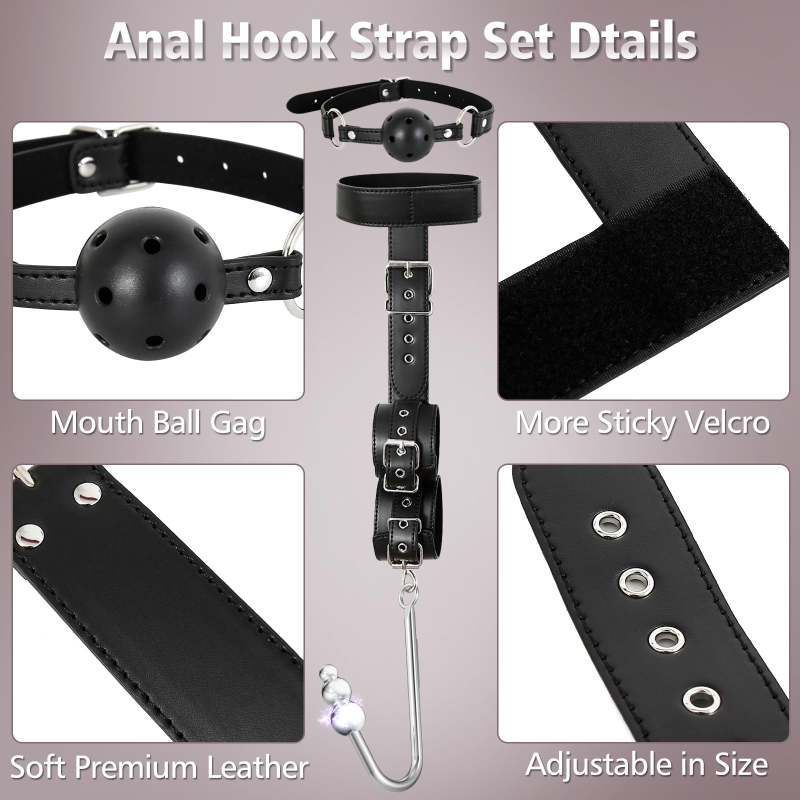 Vibrating Anal Hook BDSM Sex Bondage Restraints with Ball Gag - Neck to Wrist Behind Back Handcuffs Collar with 3 Balls Anal Trainer, Fetish Kinky Adult Sex Toys for Couple Beginner SM Game Play