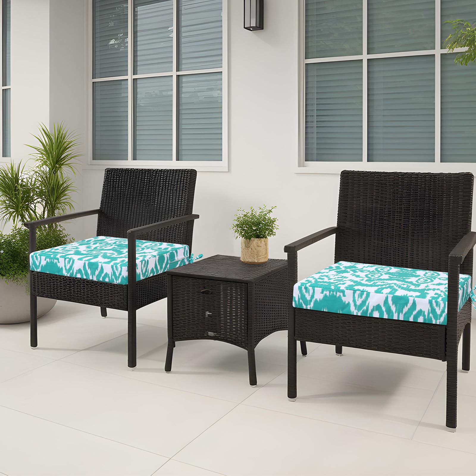 Juego de 2 cojines para silla de jardín de 7 cm de grosor, cojines impermeables para muebles de exterior con lazos, almohadillas de asiento para silla de patio, 45 x 45 cm, color azul