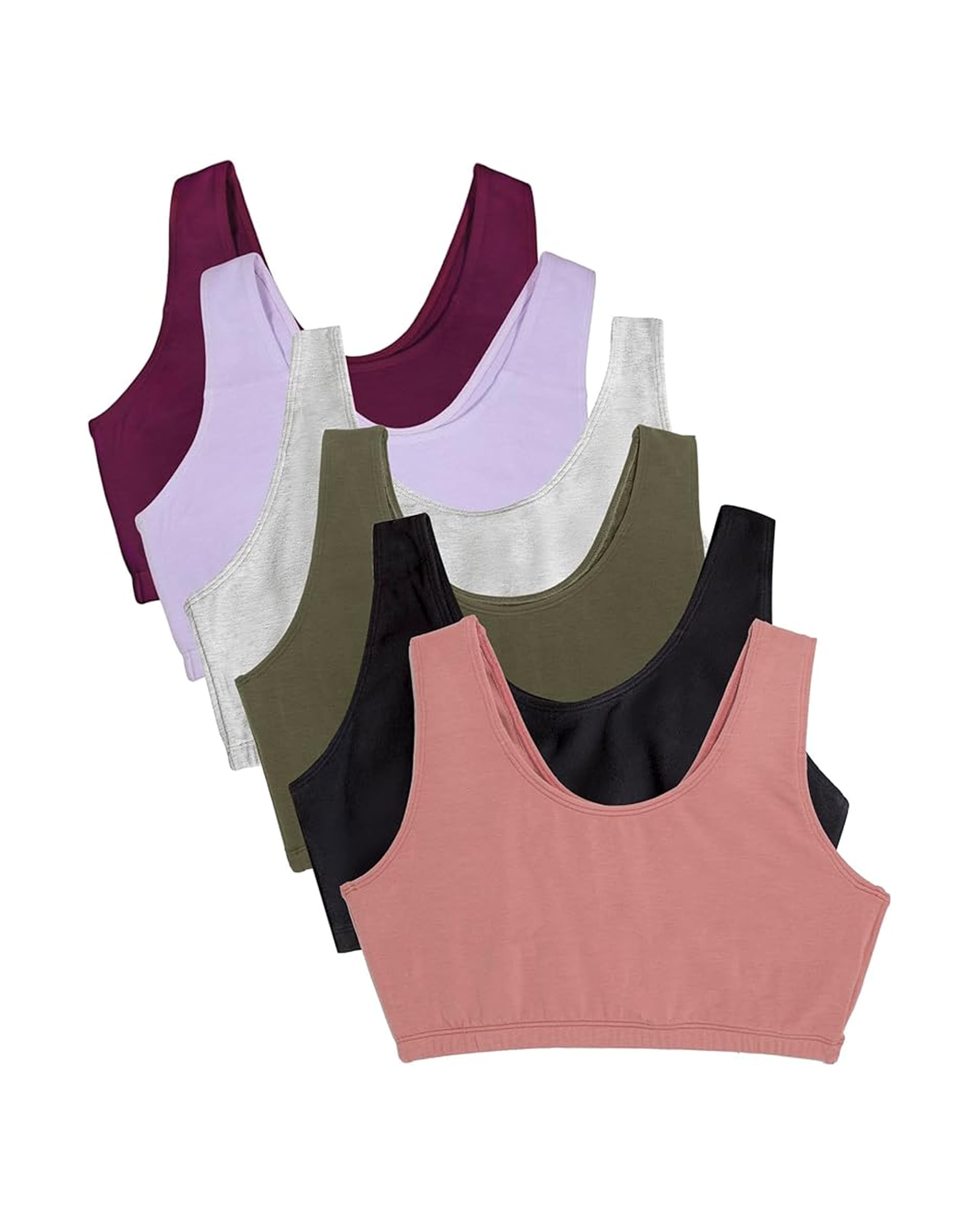 Fruit of the Loom Women's Spaghetti Strap Cotton Pullover Sports Bra Value Pack, Opaque, Black/Heather Grey/Olive/Purple/Lilac/Dusk, 34 (Pack of 6)