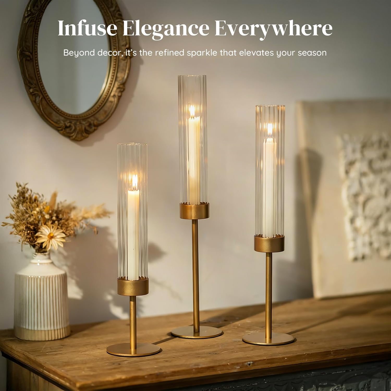 Gold Hurricane Taper Candle Holders: Glasseam 3Pcs Brass Candlestick Holders with Ribbed Glass Cylinder Cover Fluted Tall Candle Sticks Holder Decor for Table Centerpiece Wedding Christmas Decorations - Image 3