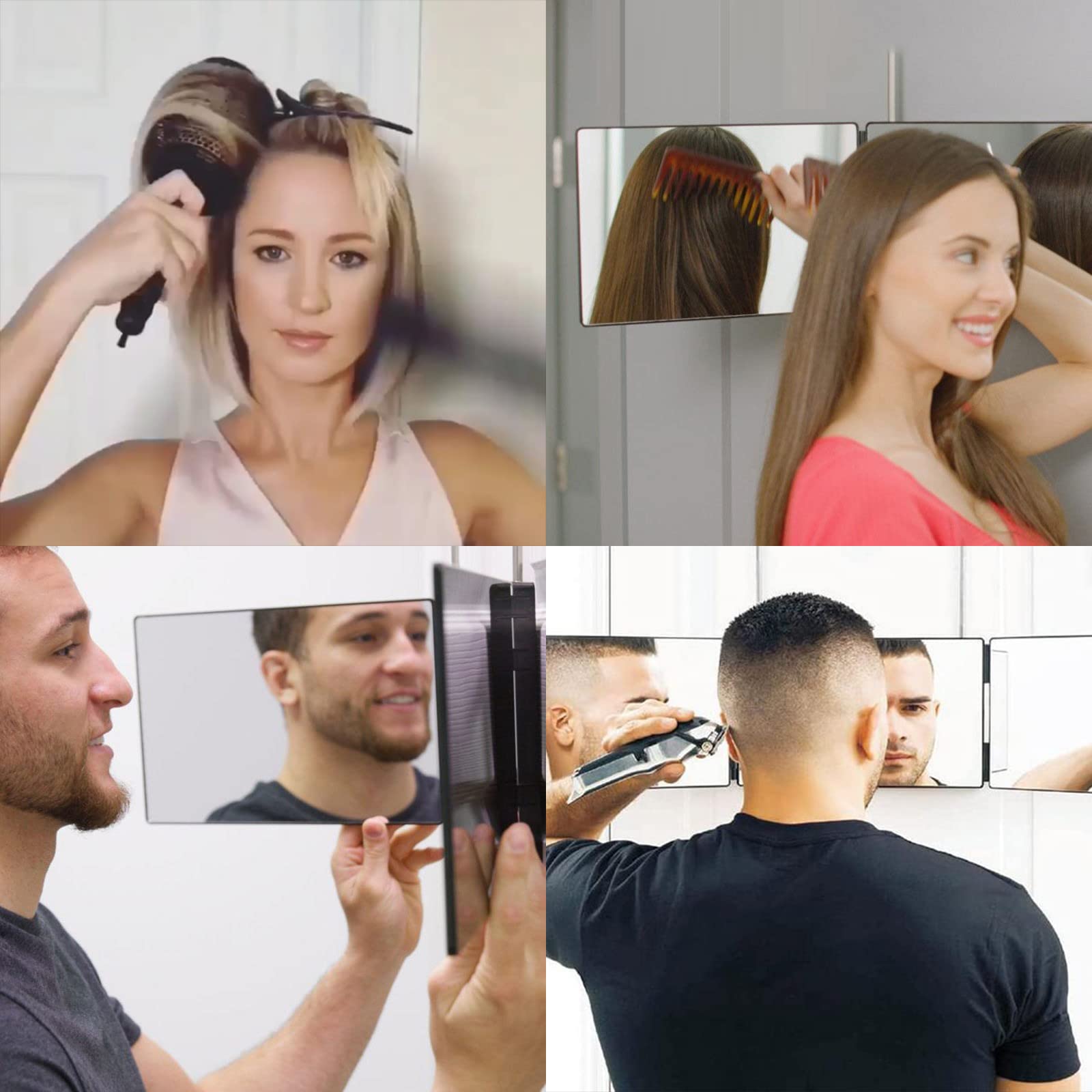 Essbhach 3 Way Mirror for Hair Cutting, 360 Barber Mirror for Women, Barber Supplies Shower Mirror, Height Adjustable Hooks, Gift for Dad Mom, Black Without LED