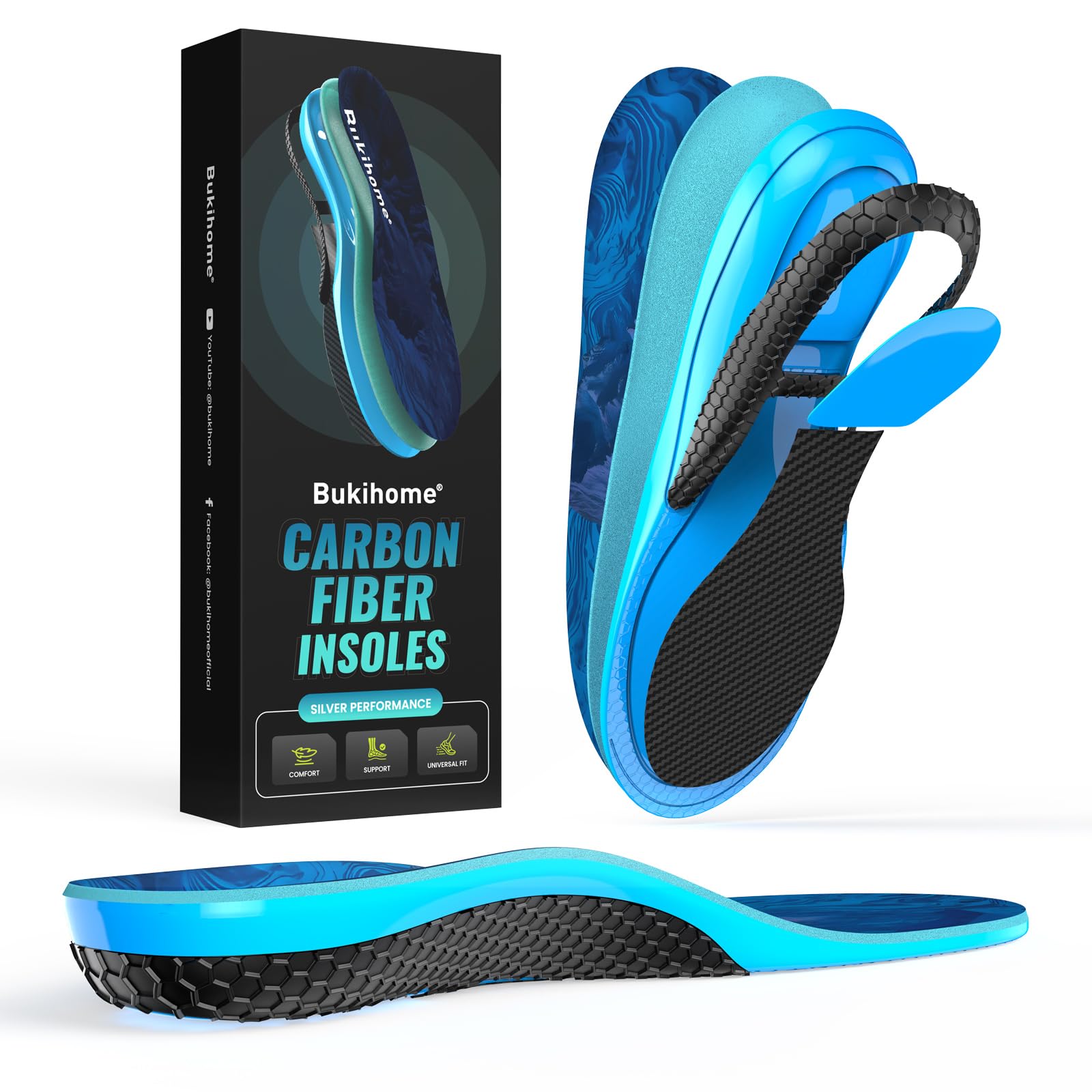 Bukihome Hike Support Insoles for Men Women - Comfort Carbon Fiber Orthotic Inserts for Hiking Boots or Sports Shoes - Trim to Fit (Dark Blue, L)