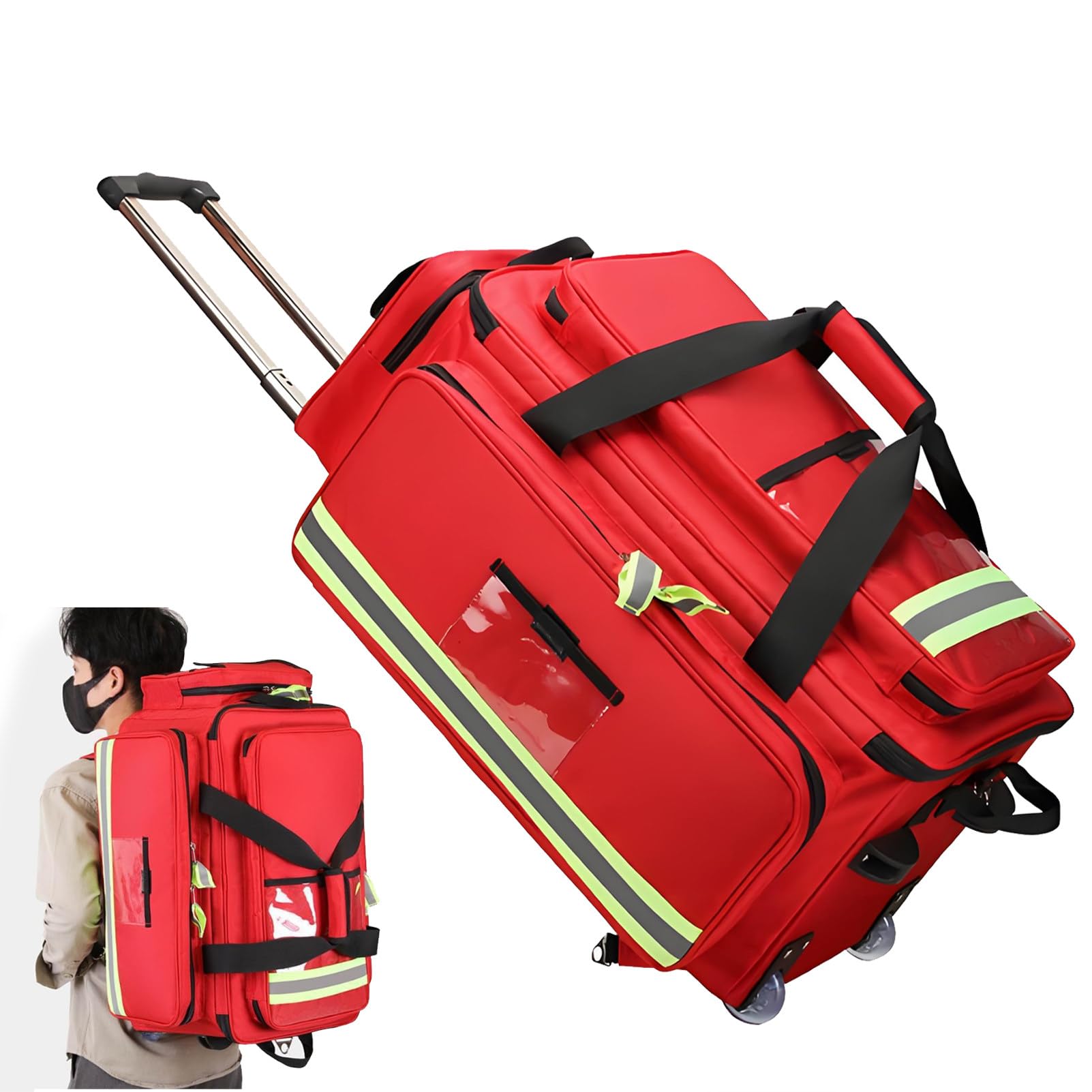Bolso De Primeros Auxilios Portátil con Ruedas, Bolso Médico con Ruedas Vacío, Organizador De Botiquín De Emergencia De Gran Capacidad, con Compartimentos Y Tiras Reflectantes. Red