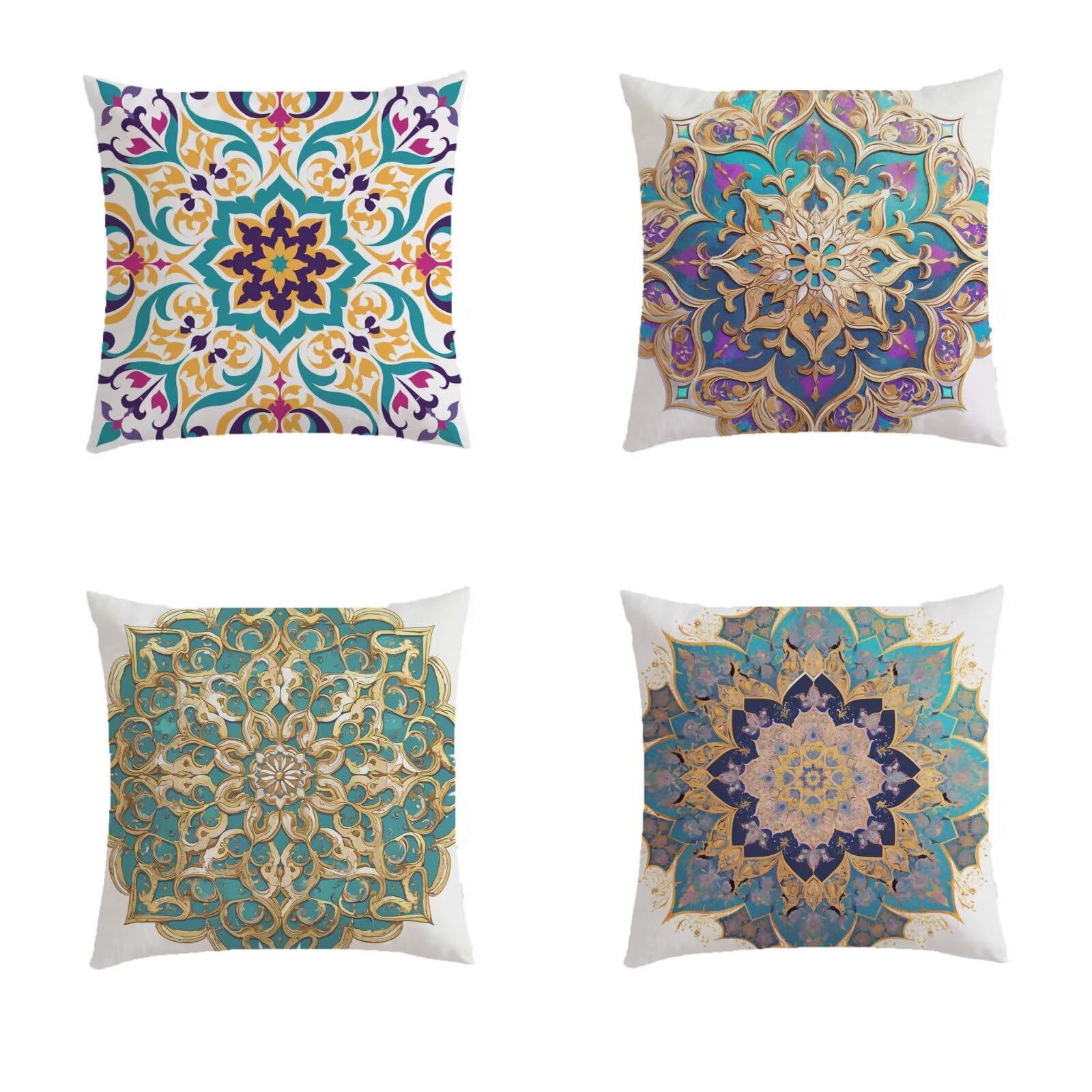 Housse de coussin 80x80cm lot de 4 mandala navy blue en lin avec fermeture invisible