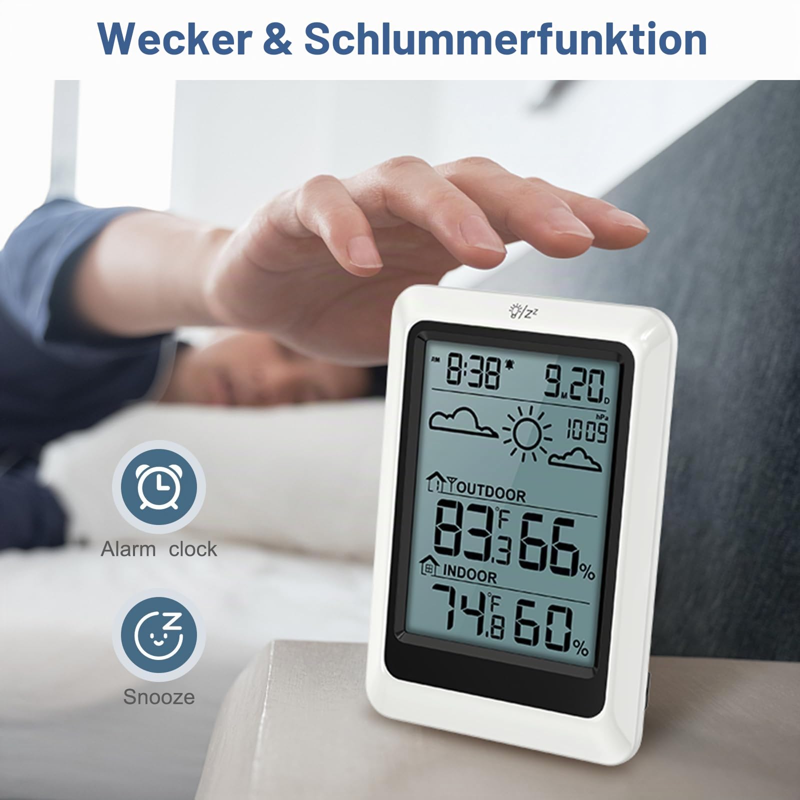 Wetterstation Funk mit Außensensor, Funkthermometer mit Wecker, Außen Innen Thermometer Hygrometer Raumthermometer Funk,Digital Raumthermometer