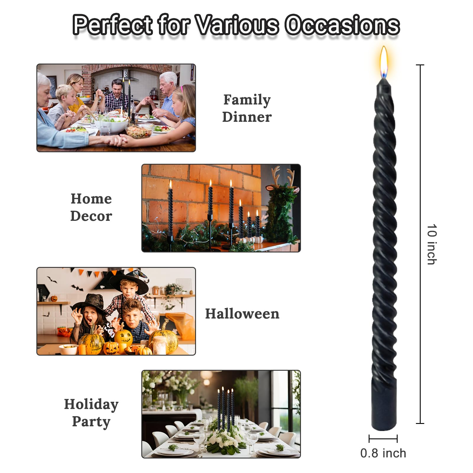 Konische schwarze Spiralkerzen, 25,4 cm (10 Zoll), für Abendessen, Partys, Halloween-Heimdekoration, Packung mit 4 gedrehten Kerzenleuchtern für Wiccan-Rituale, Bestattungsdienste und