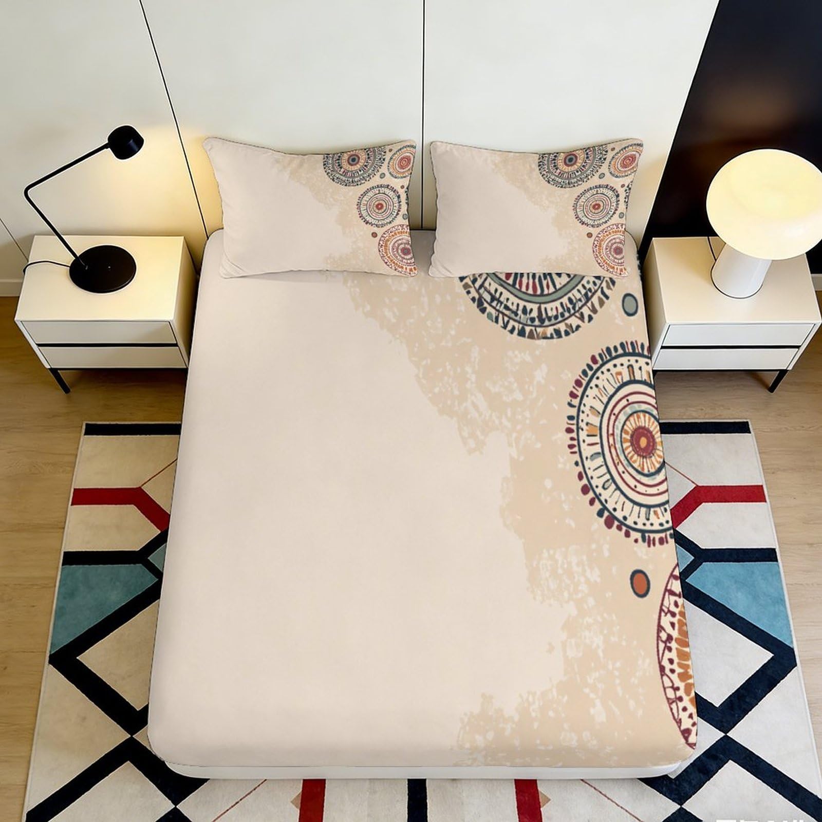 3D Printed Boho Mandala Fitted Sheet Microfiber Beige Pattern Bed Cover for Bedroom Guestroom Protection Decor 90x200x25cm